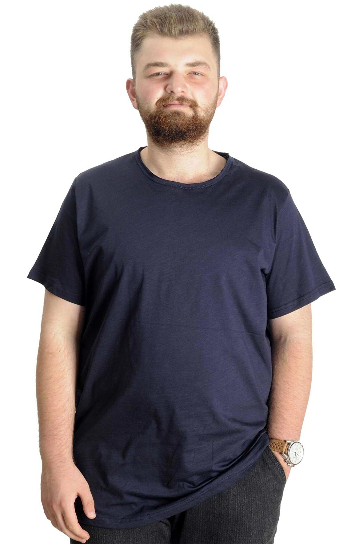 Mode XL Büyük Beden Erkek T-Shirt Flam Yaka Basic 20035 Lacivert