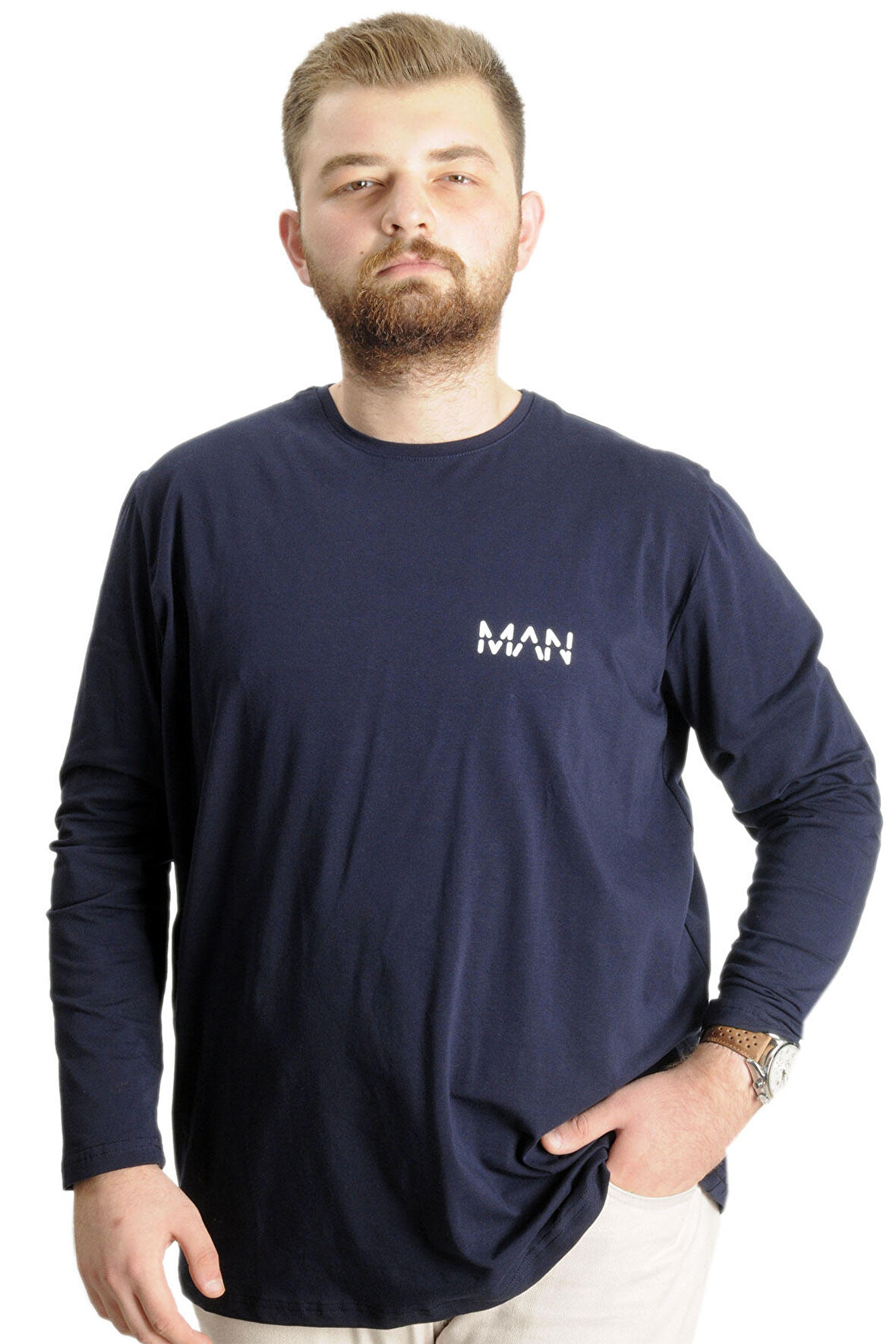 Mode XL Büyük Beden Erkek T-Shirt Uzun Kol Bisiklet Yaka Man 23099 Lacivert