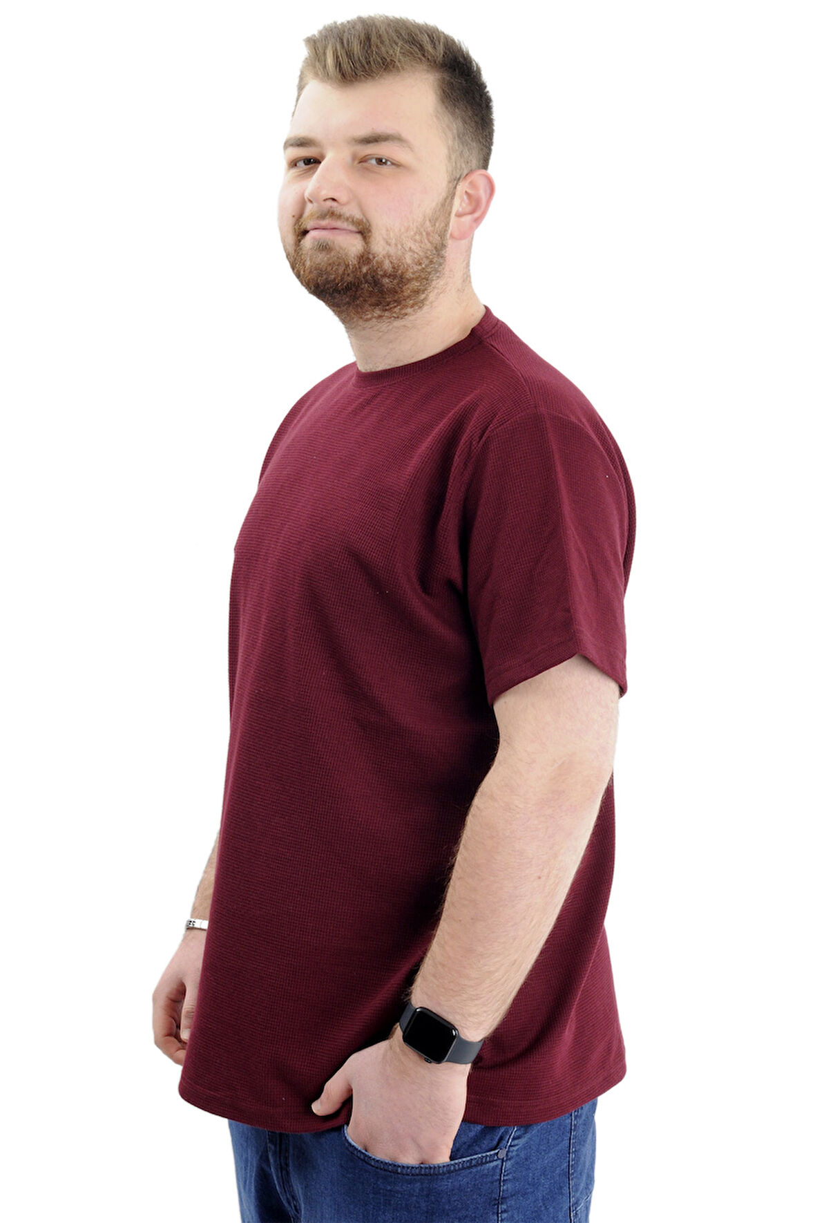 Mode XL Büyük Beden Erkek T-shirt Bisiklet Yaka WAFFLE 20033 Mürdüm