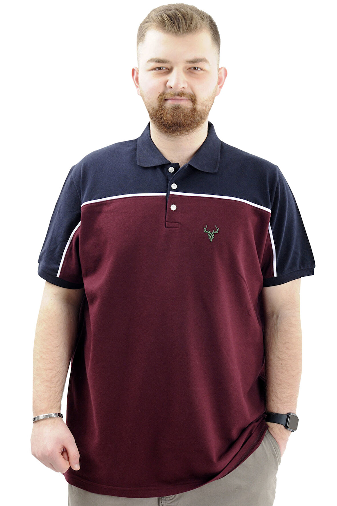 Mode XL Büyük Beden Erkek T-Shirt Polo Yaka Renk Bloklu DEER U24324 Mürdüm