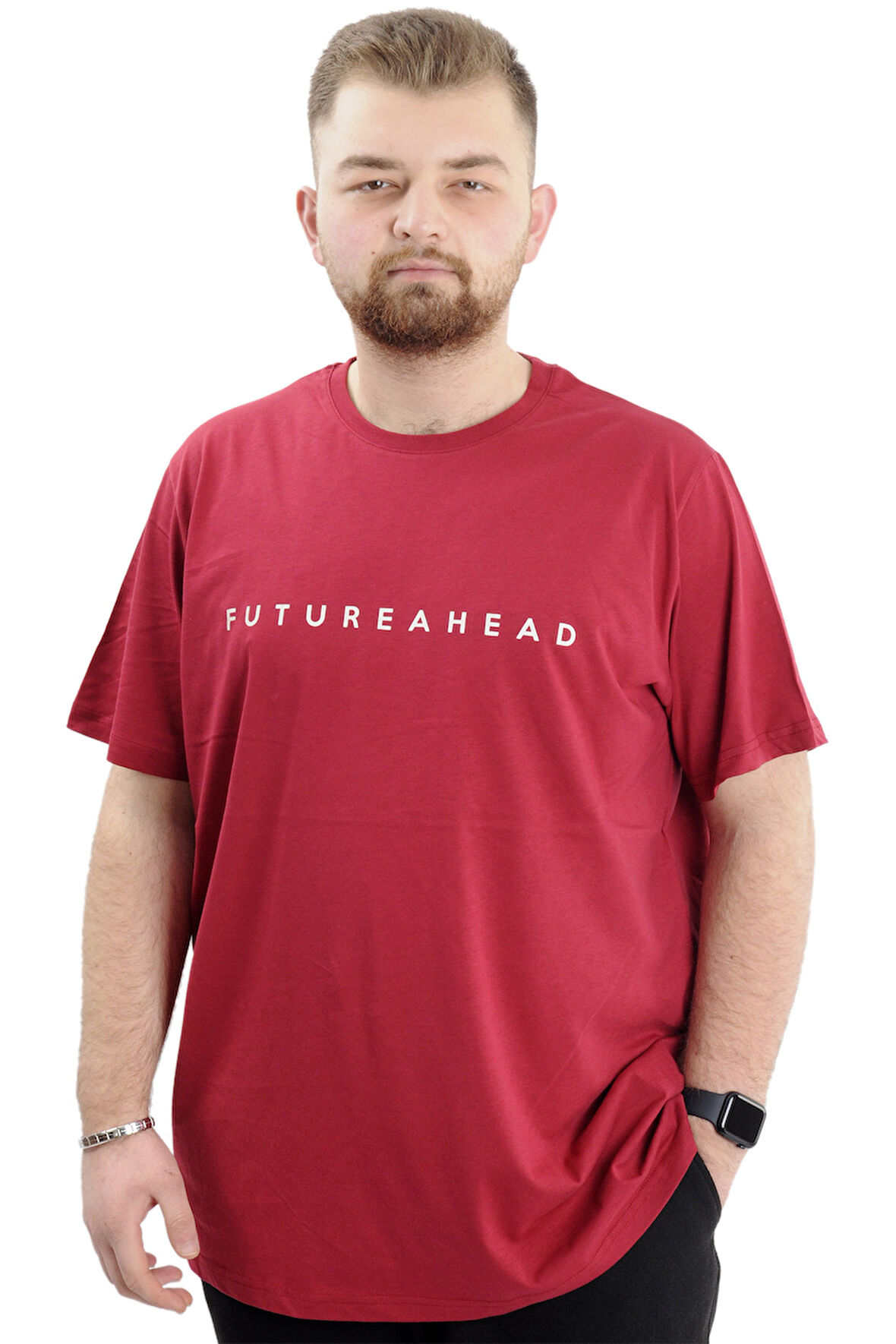 Mode XL Büyük Beden Erkek Baskılı T-Shirt Bisiklet Yaka FUTUREHEAD U24029 Bordo