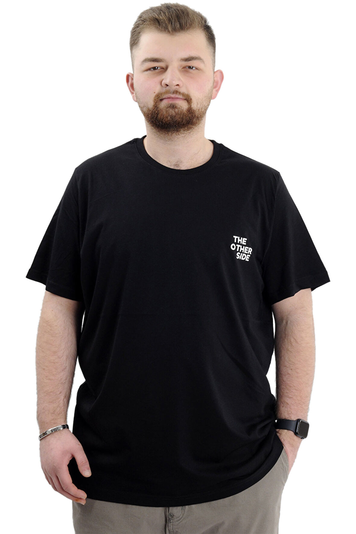 Mode XL Battal Beden Erkek Tişört Bisiklet Yaka Baskılı THE OTHER SIDE U24039 Siyah