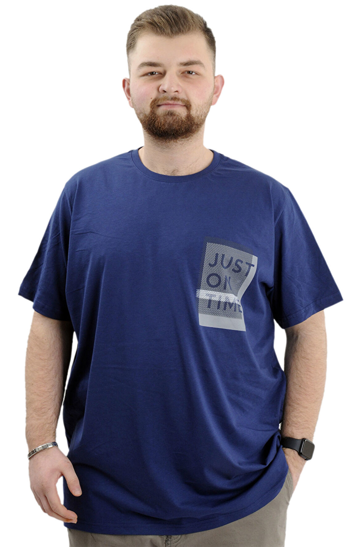 Mode XL Büyük Beden Baskılı Bisiklet Yaka Erkek Tişört JUST ON TIME U24042 İndigo