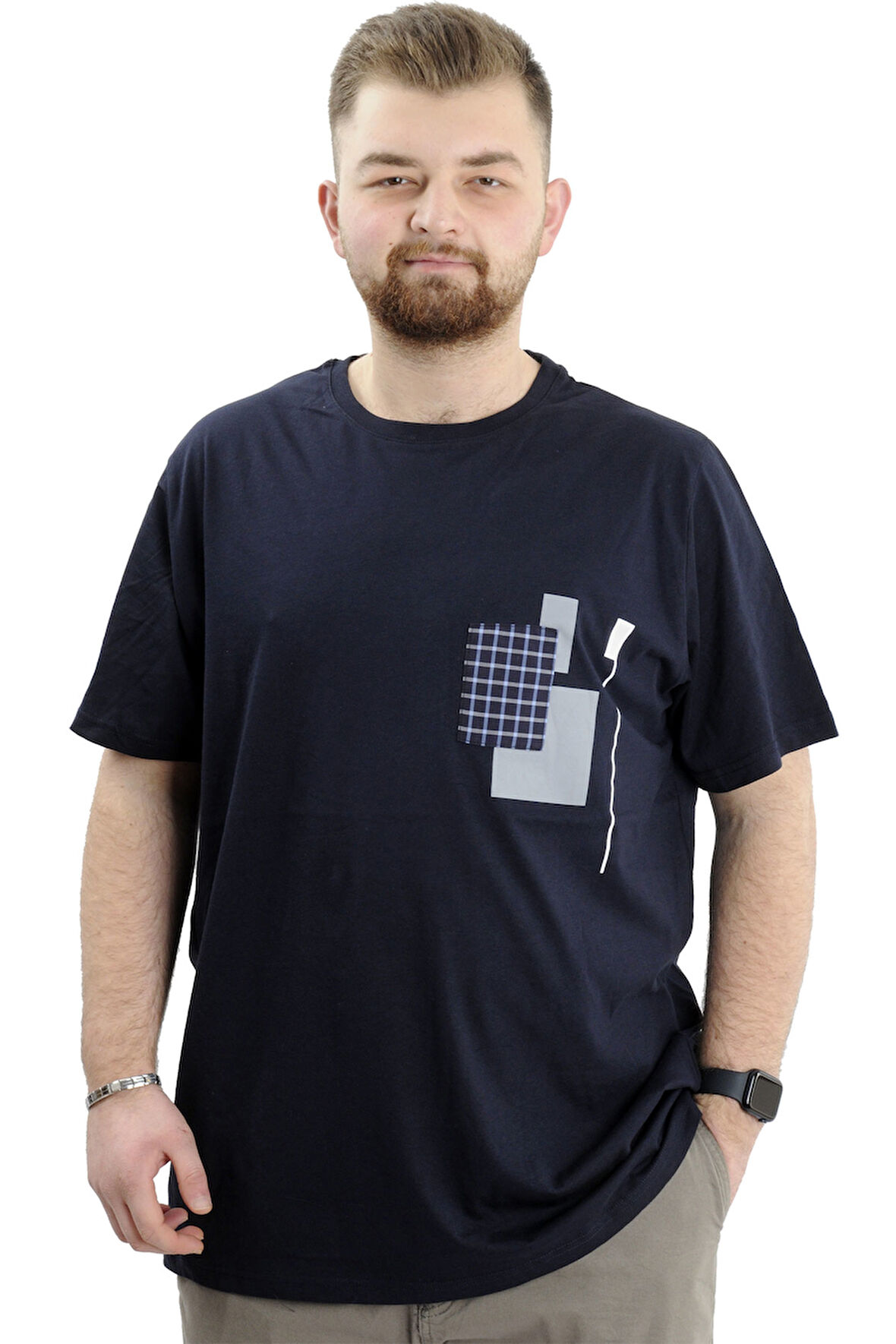 Mode XL Büyük Beden Erkek Bisiklet Yaka T-Shirt Baskılı GARNILI U24045 Lacivert