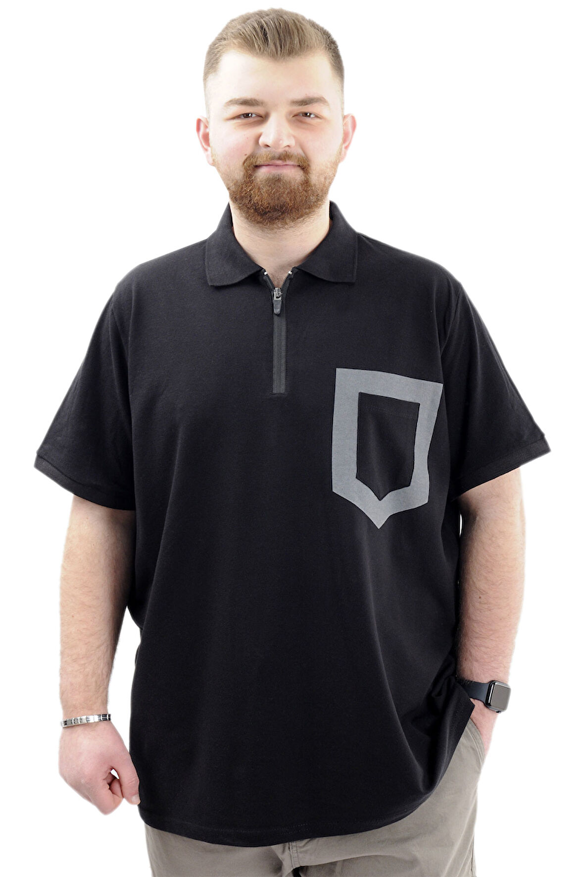Mode XL Büyük Beden Erkek T-Shirt Fermuarlı Polo Yaka Cepli U24325 Siyah