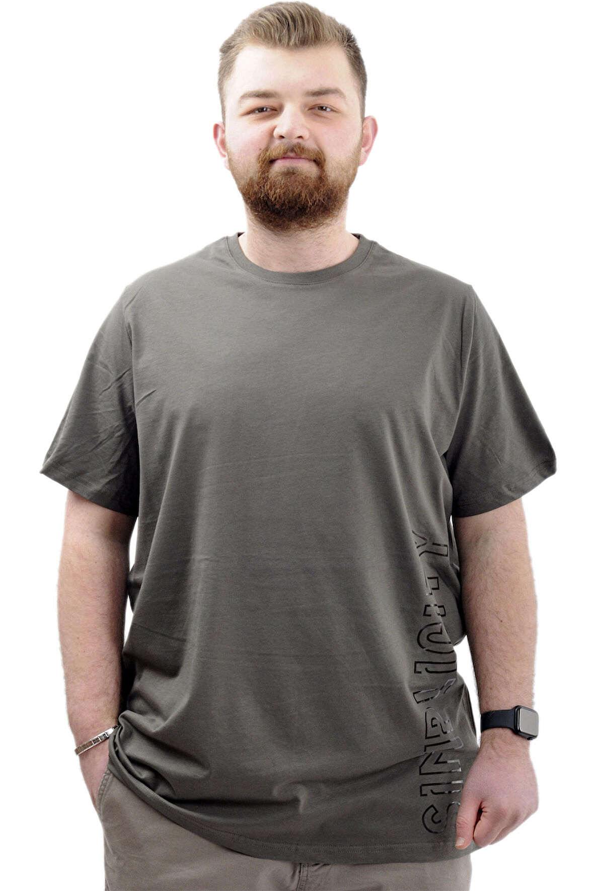 Mode XL Büyük Beden Baskılı Erkek T-Shirt Bisiklet Yaka SIMPLICITY U24046 Haki