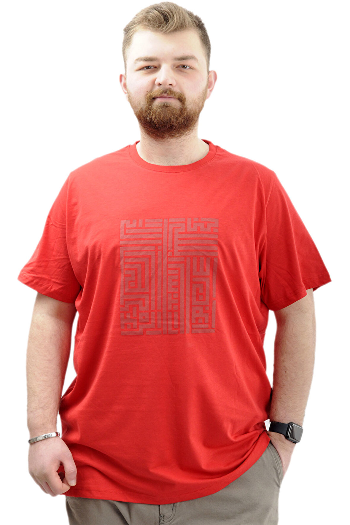 Mode XL Büyük Beden Erkek T-Shirt Bisiklet Yaka Baskılı LABYRINTH U24048 Kırmızı