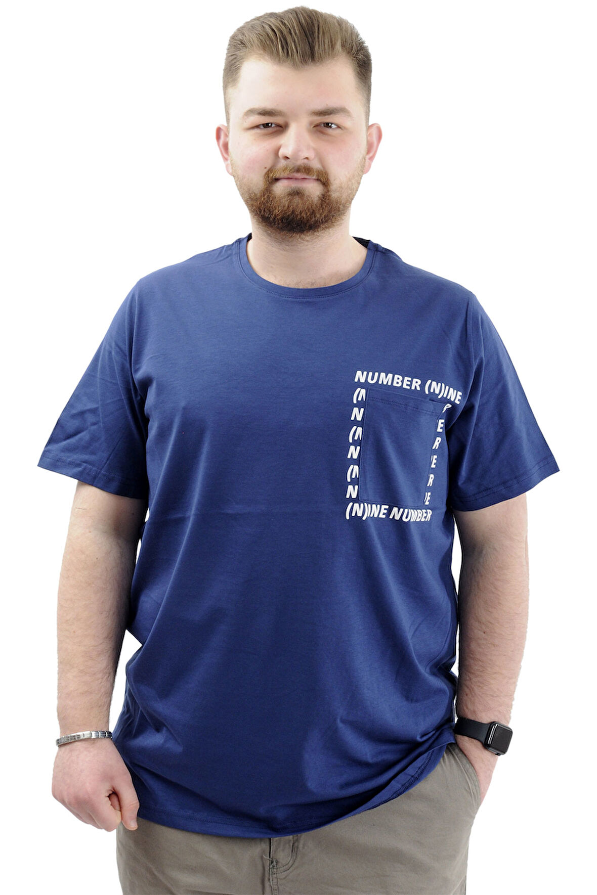 Mode XL Erkek Büyük Beden T-Shirt Pamuklu Baskılı Bisiklet Yaka Tişört NUMBER U24051 İndigo