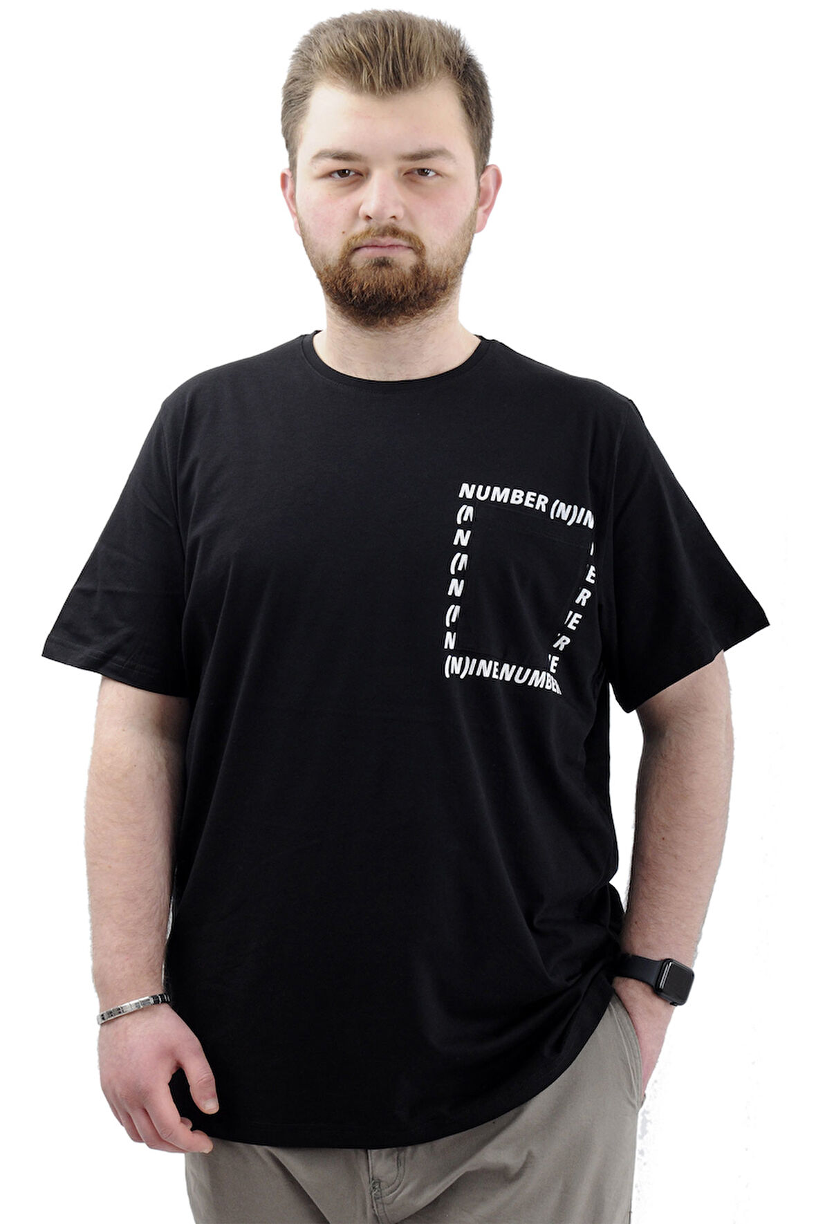 Mode XL Erkek Büyük Beden T-Shirt Pamuklu Baskılı Bisiklet Yaka Tişört NUMBER U24051 Siyah