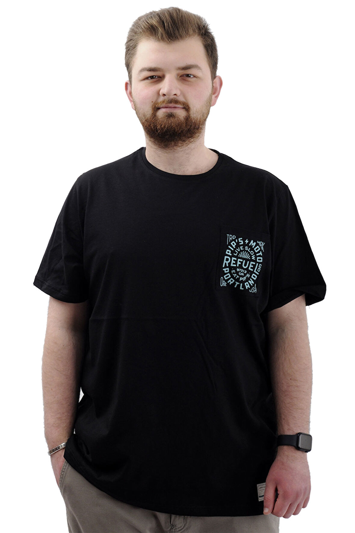 Mode XL Büyük Beden Erkek Tişört Bisiklet Yaka Baskılı Cep Detaylı T-Shirt REFUEL U24053 Siyah