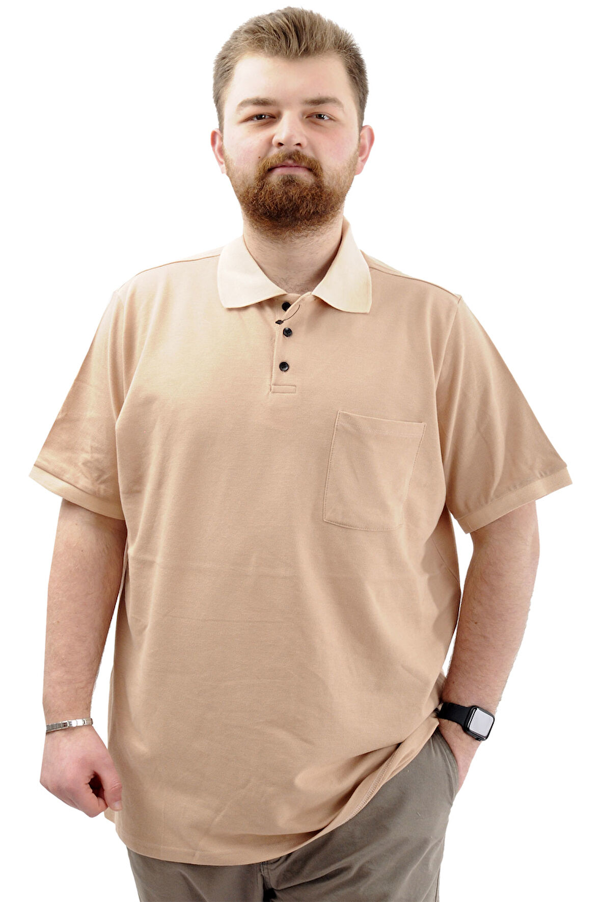 Mode XL Büyük Beden Erkek T-Shirt Polo Yaka Cepli Klasik 20550 Bej
