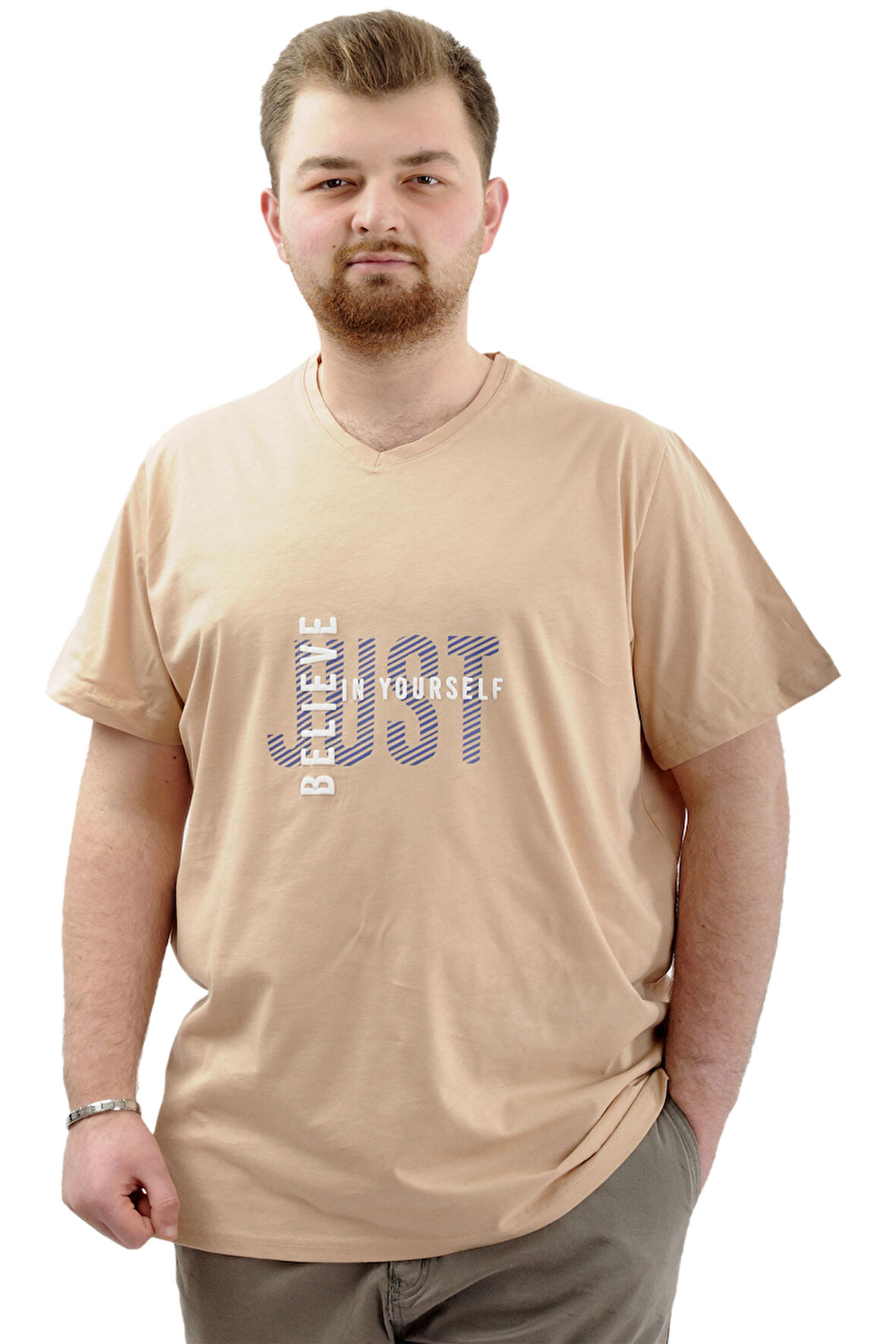 Mode XL Büyük Beden Erkek T-Shirt V Yaka Baskılı BELIEVE U24054 Bej