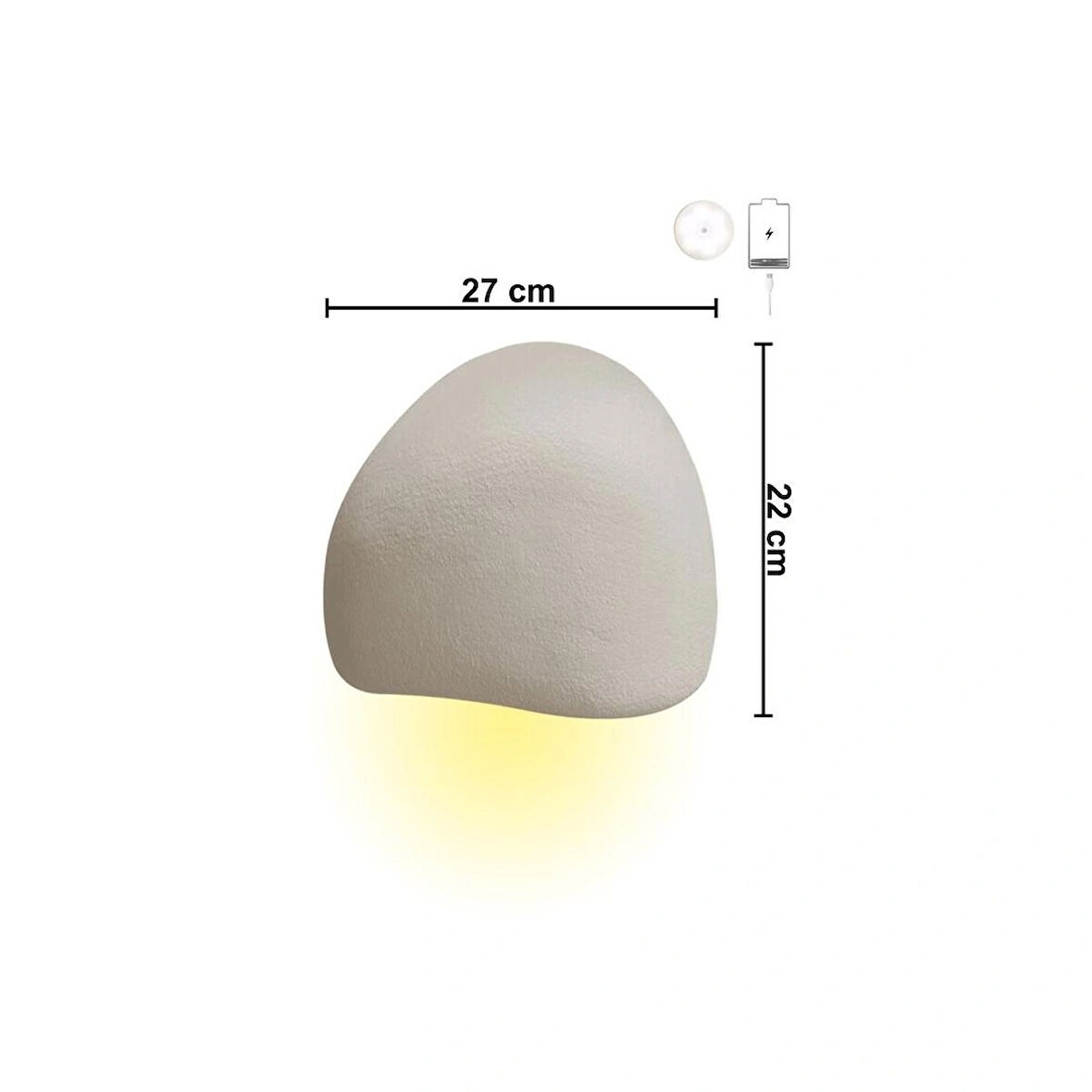 Şarjlı LED'li Fiberglass Duvar Apliği - 27x22 cm, Traverten Görünümlü Beton Grisi