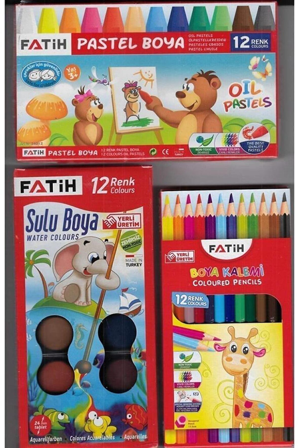 Fatih 3 lü Okul Kırtasiye Seti Pastel+Sulu+Kuru Boya FATİHSET6