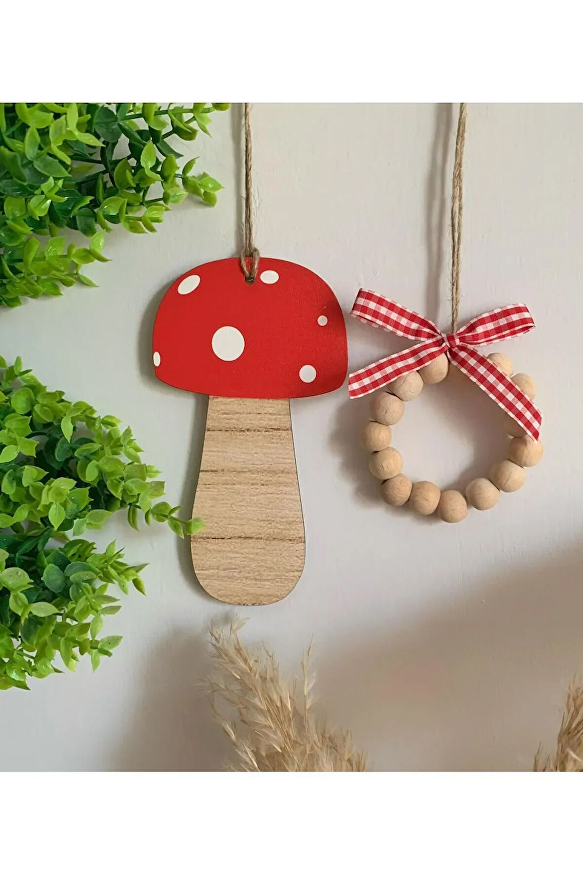 Kırmızı Ahşap Mantar Bebek Çocuk Odası Mutfak Balkon Dekoratif Askılı Süs 2'li Set