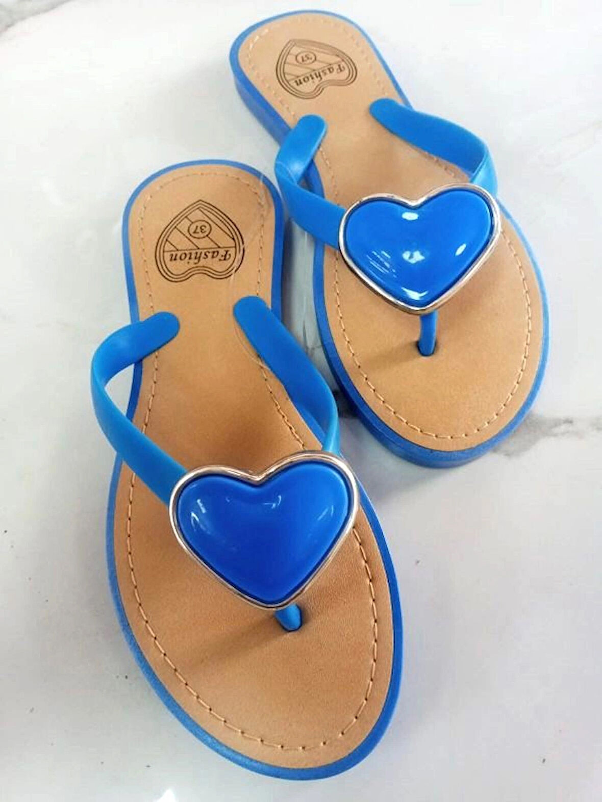 Kadın  Parmak Arası Terlik Şeffaf Yumuşak Pvc Kalp Tokalı Mavi Plaj Ve Günlük Terlik