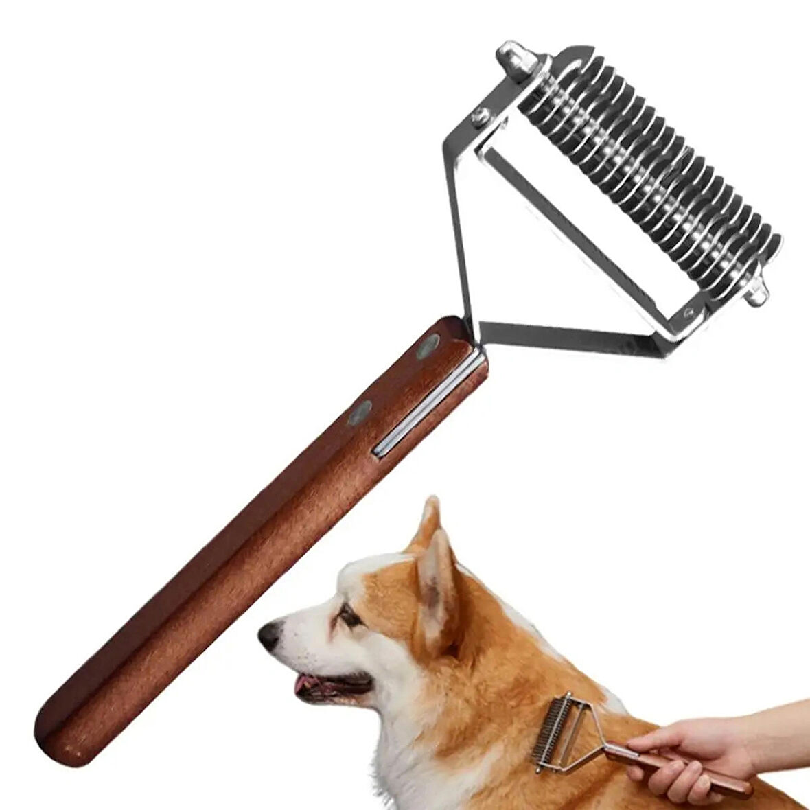 TechTic Evcil Hayvan Tarağı Çift Taraflı Kedi Köpek Kıtık Tüy Topak Açıcı Metal Dişli Ahşap Saplı