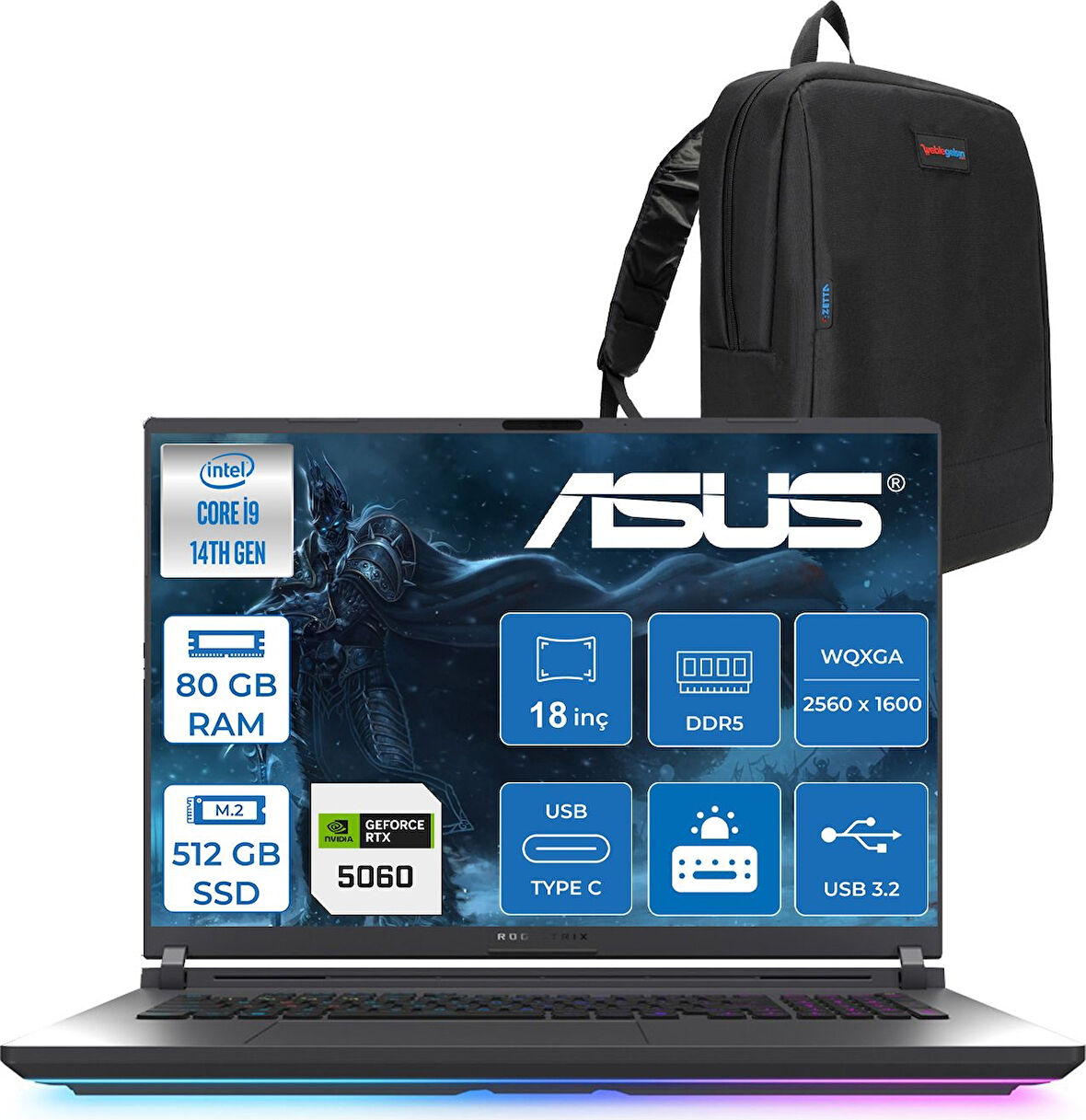 Asus Rog Strix G18 G815JMR Intel Core I9 14900HX 80GB 512GB SSD 8GB/RTX5060 115W Gddr7 18" 2.5k (2560 x 1600, Wqxga) 240Hz 3ms Freedos Taşınabilir Bilgisayar ZS9035F33+ZETTAÇANTA