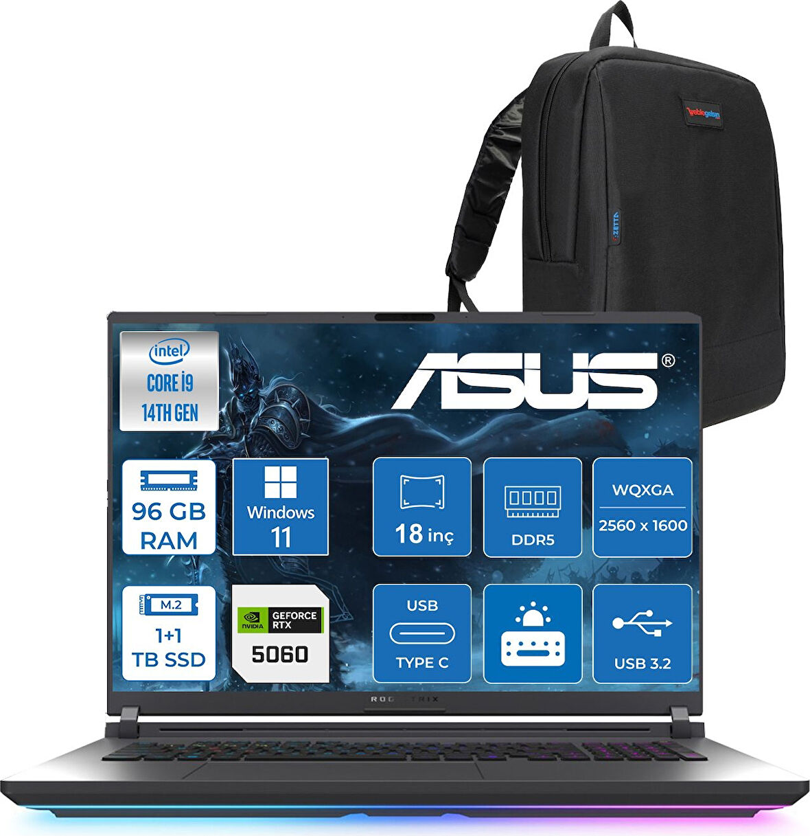 Asus Rog Strix G18 G815JMR Intel Core I9 14900HX 96GB 1tb Ssd+1tbssd 8GB/RTX5060 115W Gddr7 18" 2.5k (2560 x 1600, Wqxga) 240Hz 3ms Windows 11 Pro Taşınabilir BilgisayarZS9035P44+ZETTAÇANTA