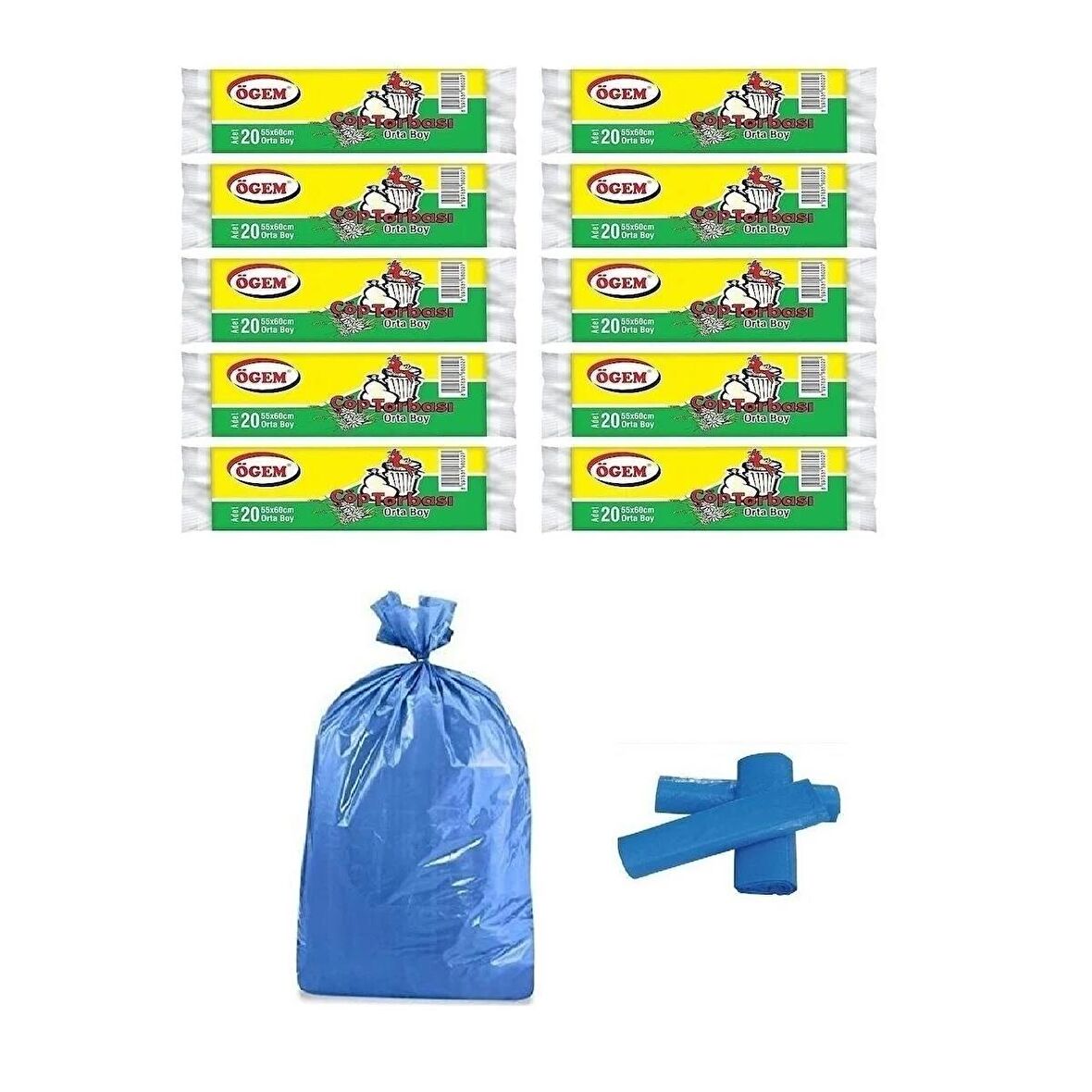 Ögem Orta Boy Çöp Poşeti 55x60 Cm 20'li Rulo 10 Paket Mavi