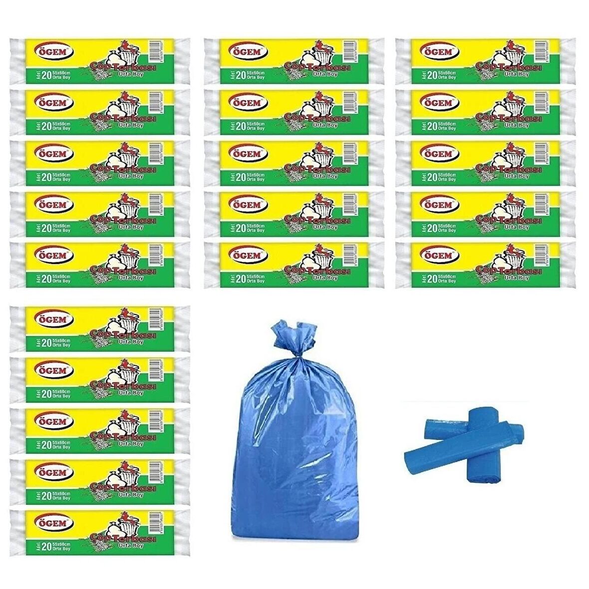 Ögem Orta Boy Çöp Poşeti 55x60 Cm 20'li Rulo 20 Paket Mavi