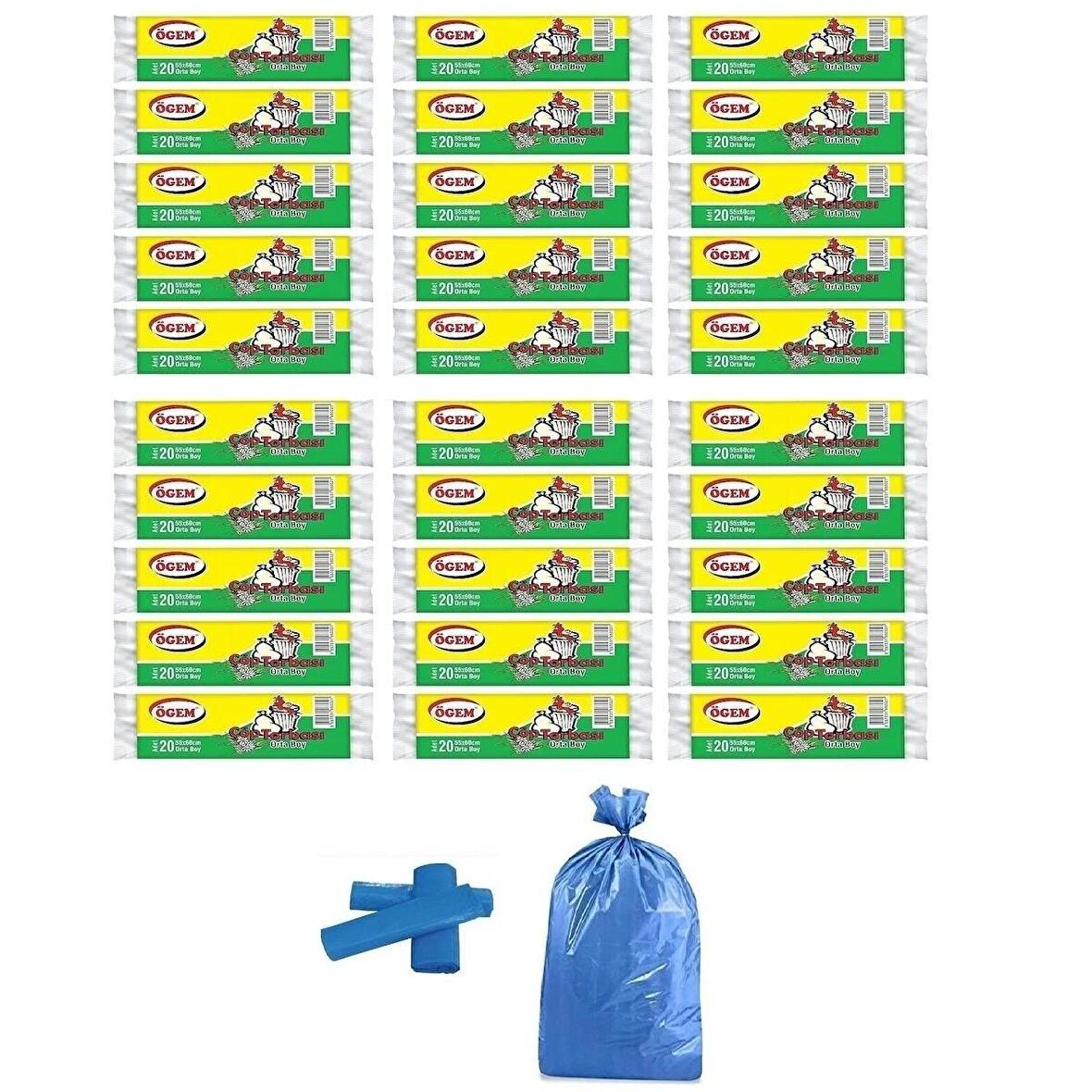 Ögem Orta Boy Çöp Poşeti 55x60 Cm 20'li Rulo 30 Paket Mavi