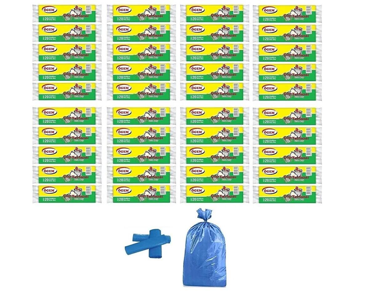 Ögem Orta Boy Çöp Poşeti 55x60 Cm 20'li Rulo 40 Paket Mavi