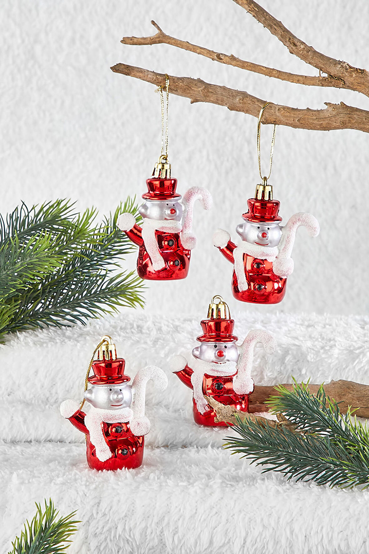 Walke 4lü Yılbaşı Çam Ağacı Şapkalı Kardan Adam Süs 8 Cm