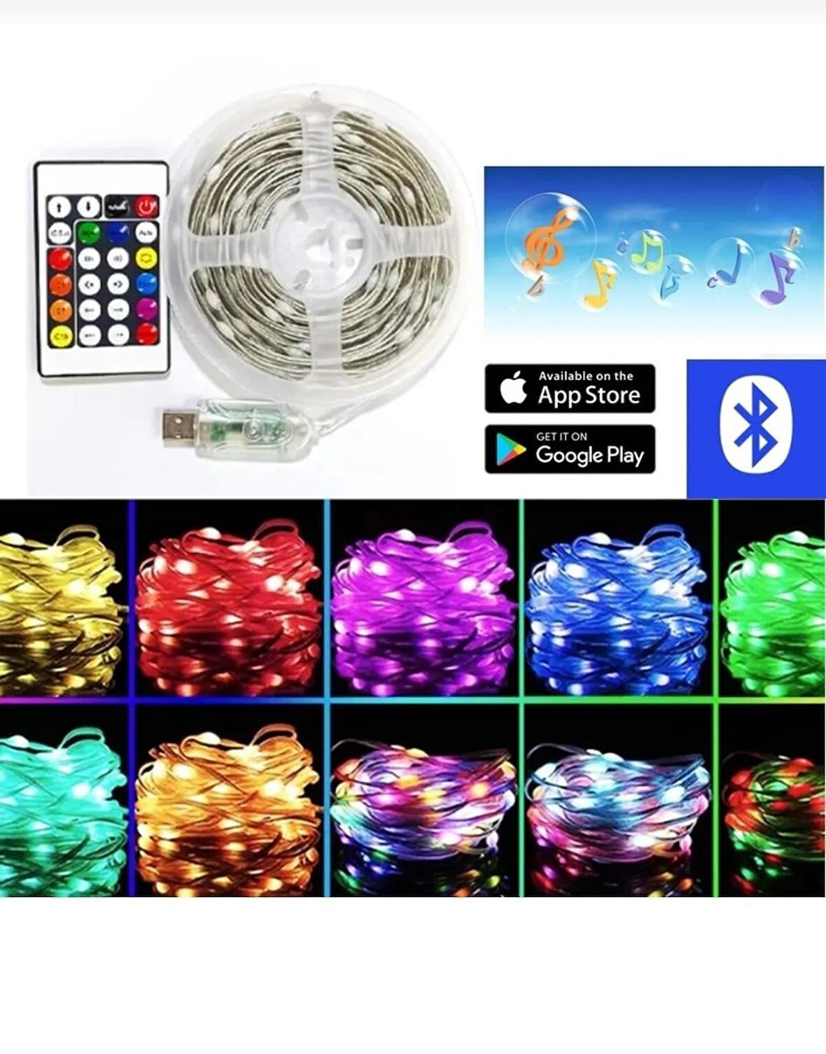 10 Metre Rgb Led Sese ve Müziğe Duyarlı Bluetooth Özellikli Tak Çalıştır Set