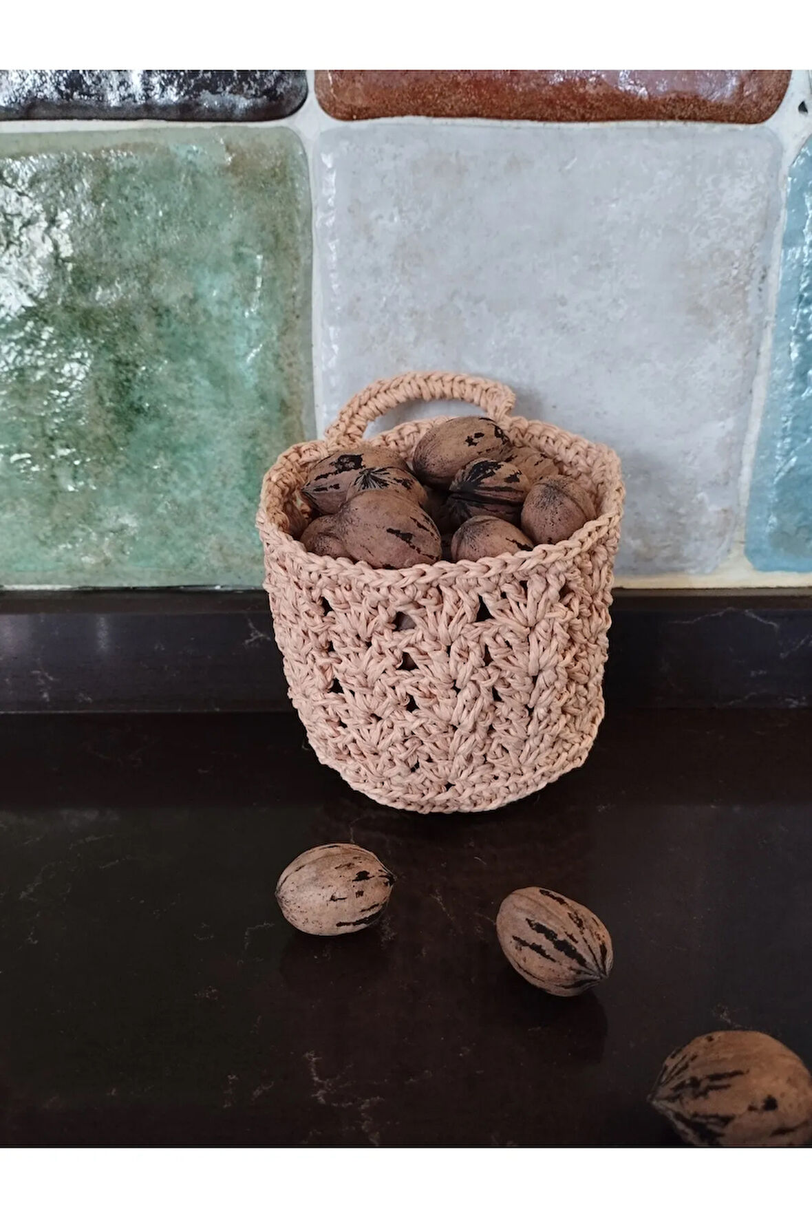 Örgü Sepet - Somon - Organik & El Yapımı