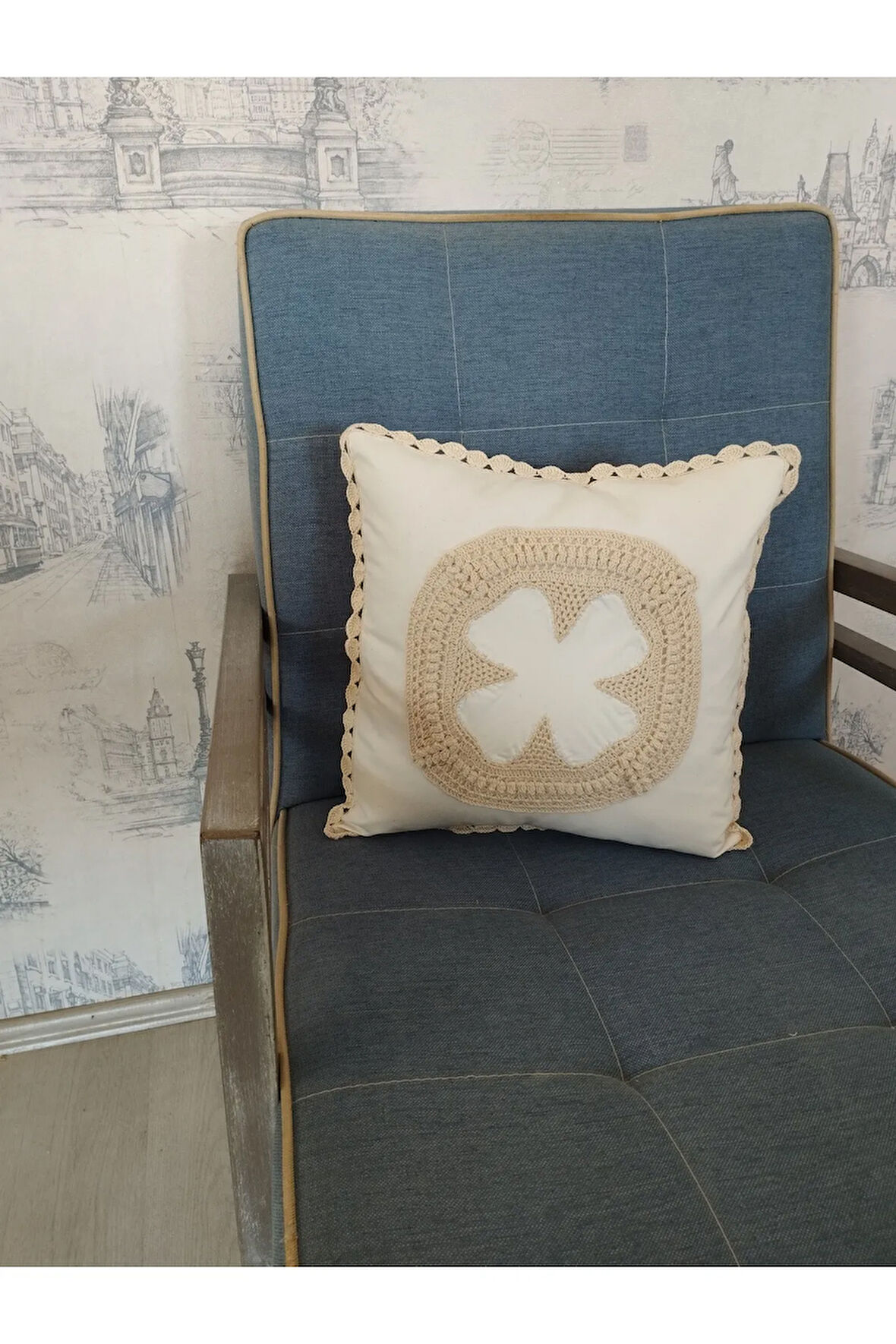 Örgü Motifli Yastık - Bej - Organik & El Yapımı