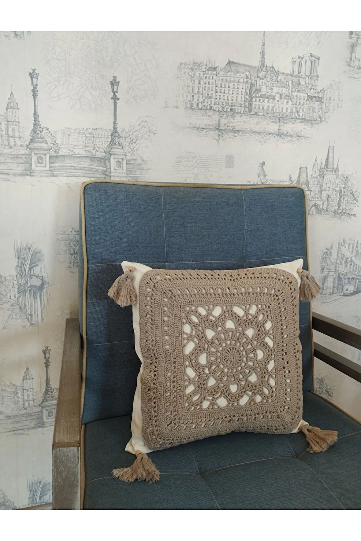 Örgü Motifli Yastık - Haki - Organik & El Yapımı