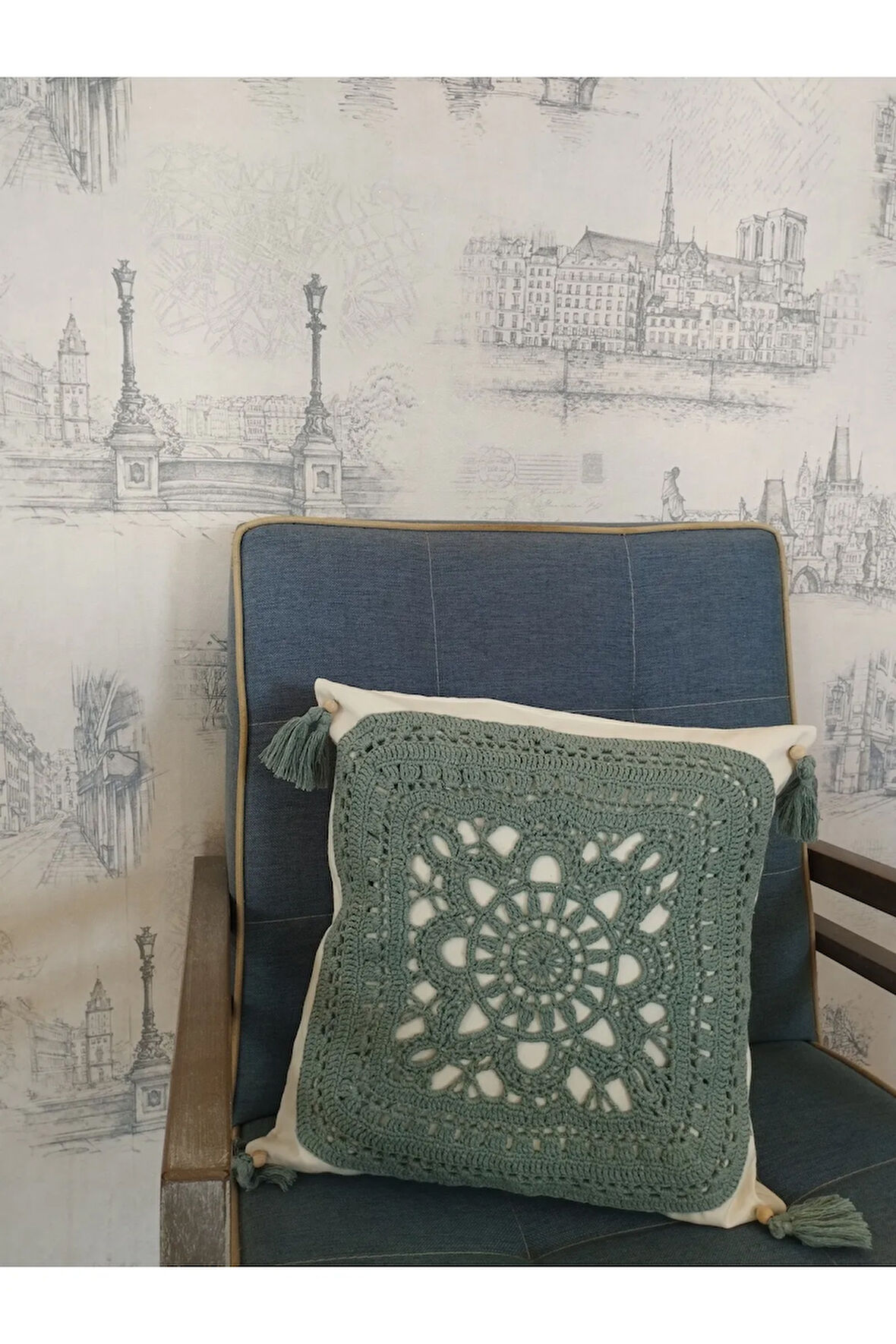 Örgü Motifli Yastık - Turkuaz - Organik & El Yapımı