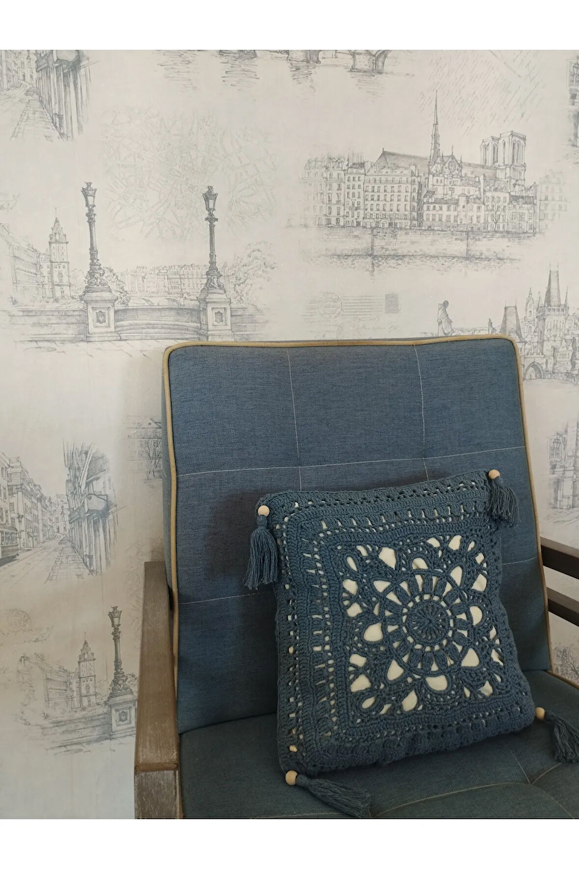 Örgü Motifli Yastık - Mavi - Organik & El Yapımı