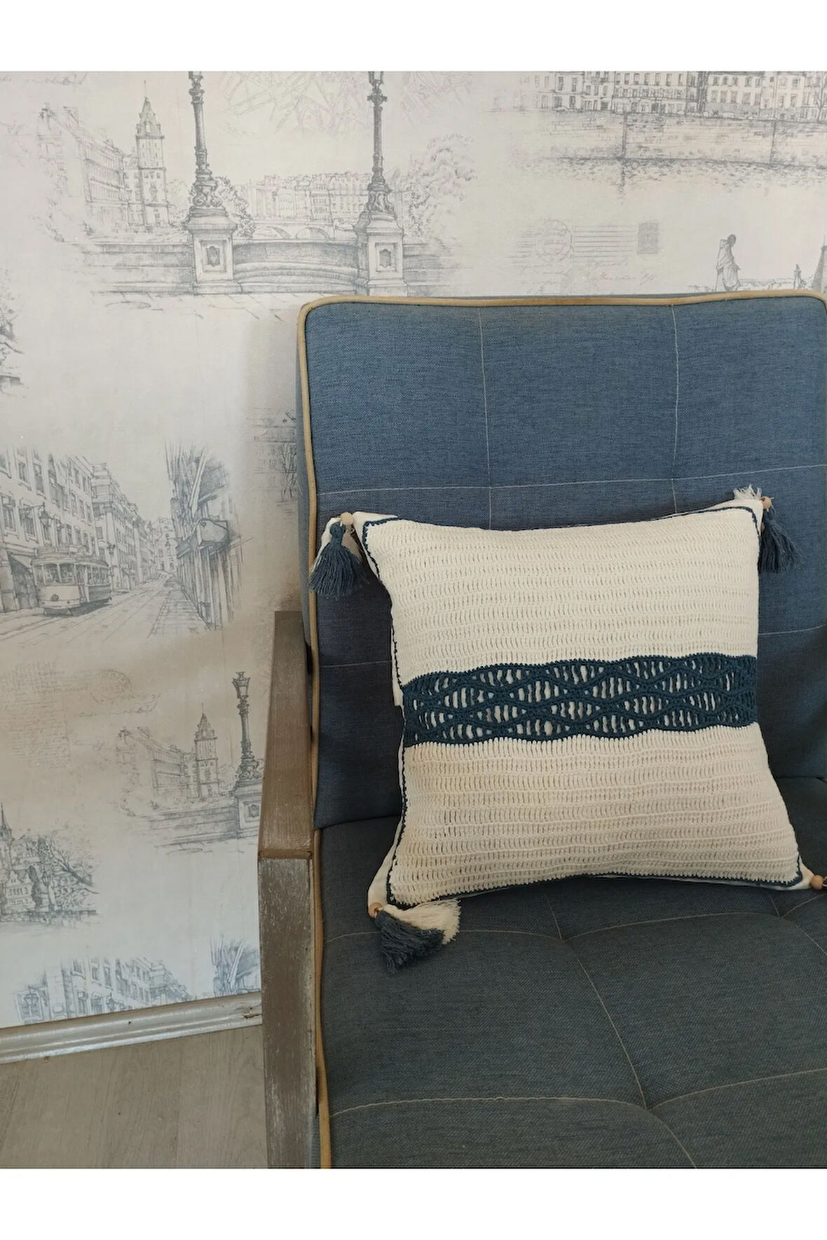 Örgü Yastık - Lacivert & Bej - Organik & El Yapımı