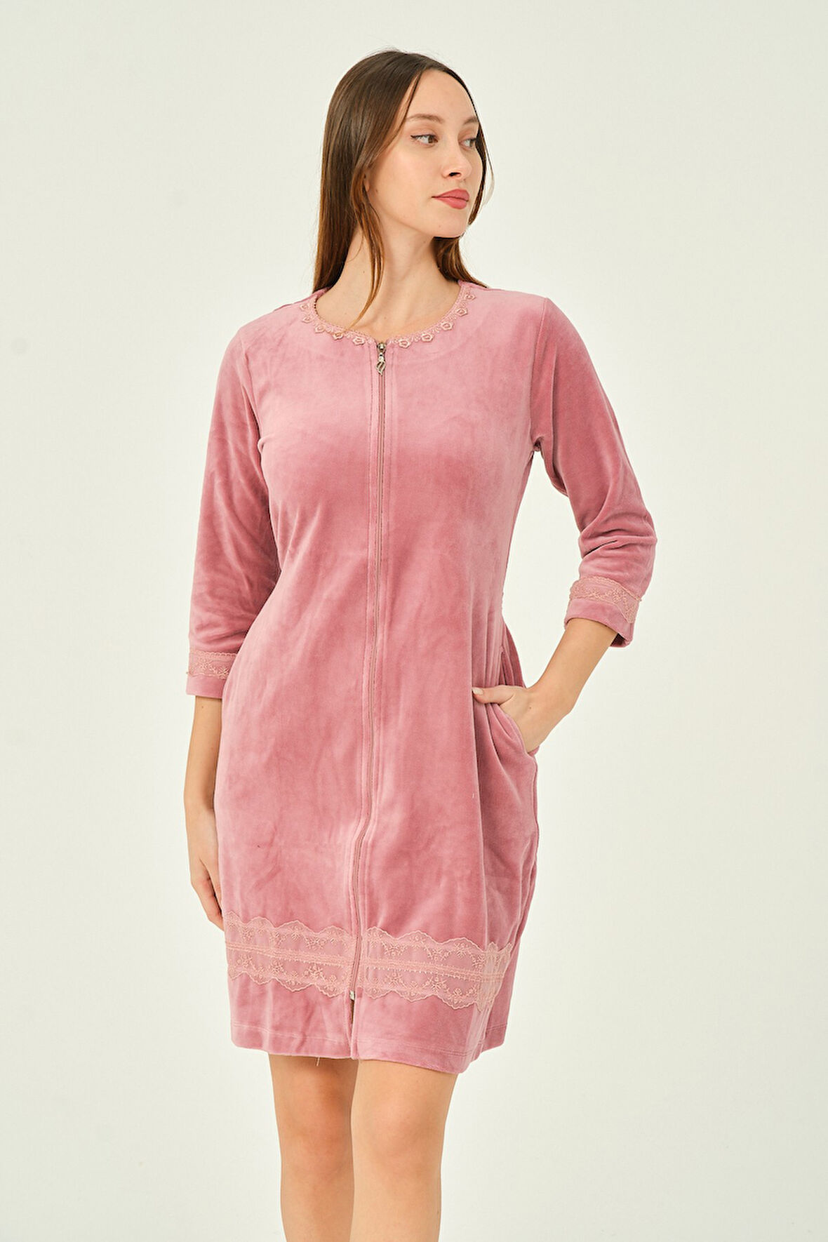 kadın fermuarlı dantel detaylı 3/4 kol pamuklu kadife elbise