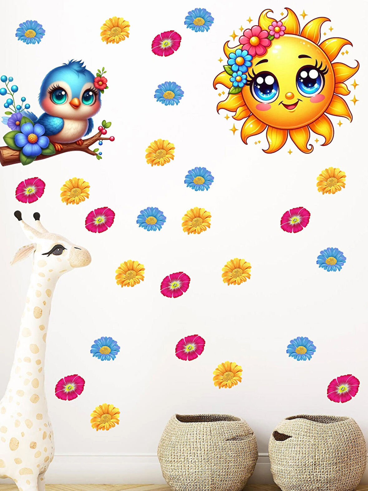 Çiçek Desenli Sevimli Güneş Piriz sticker, Duvar süsü