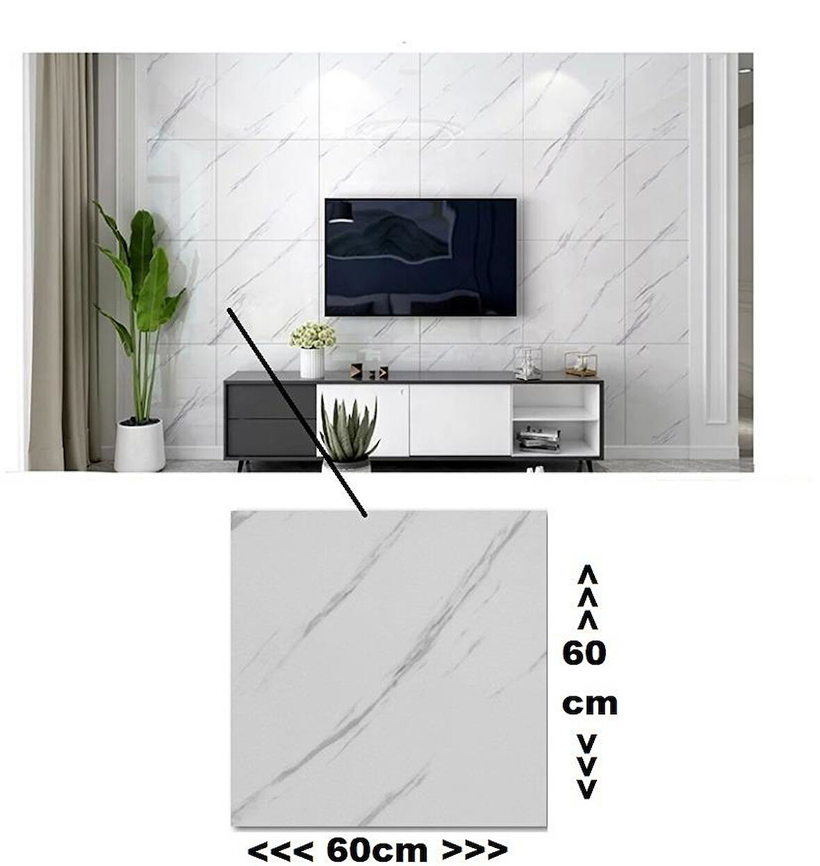 1 Adet 60x60cm Shiny Beyaz Mermer Desenli Yapışkanlı Banyo Mutfak Karavan PVC Döşeme Kaplama Paneli