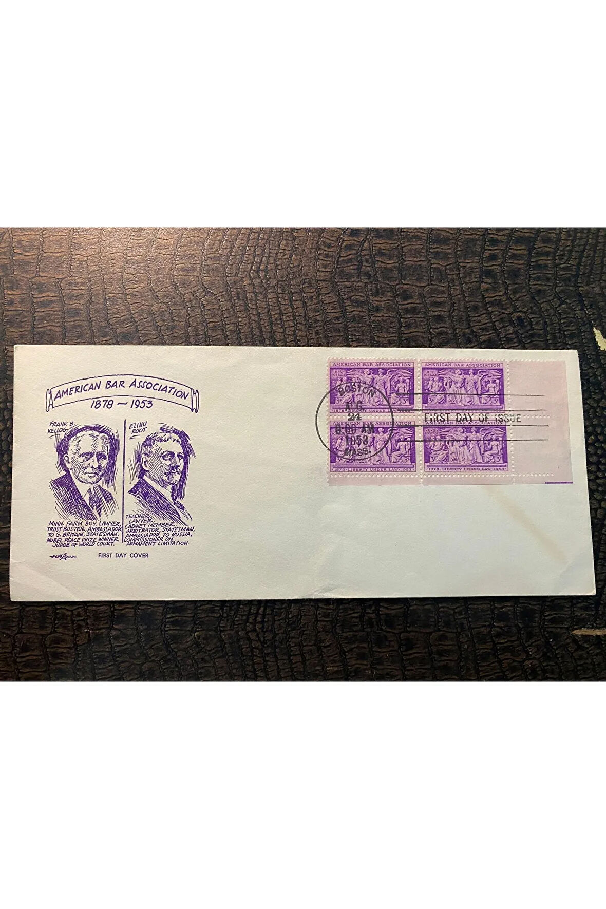 AMERICAN BAR ASSOCIATION First Day Cover August 1953 STAMPS Block of 4 3c /AMERİKAN BAROLAR BİRLİĞİ