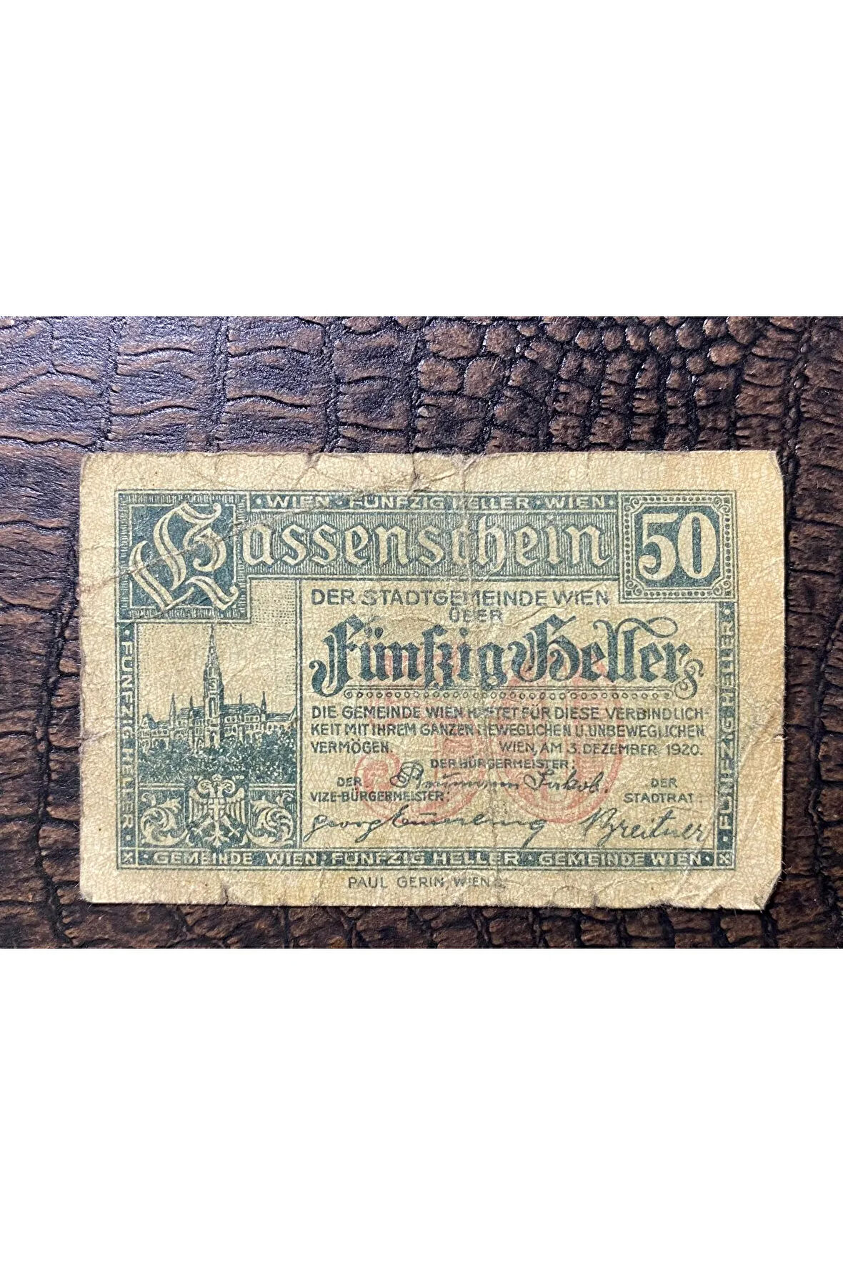 Avusturya Österreich 50 Heller Kassenschein der Stadtgemeinde Wien (Vİyana) 1920 kleingeldnot