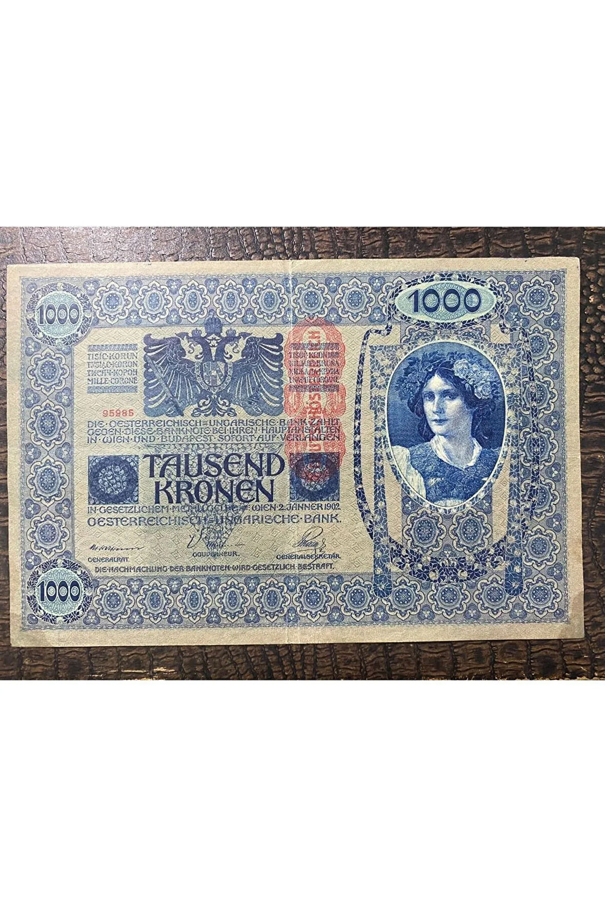 Alman Avusturya Macaristan Kırmızı Sürşarjlı 1000 Kronen 1902 / 1919 Serie 1462 No 88790
