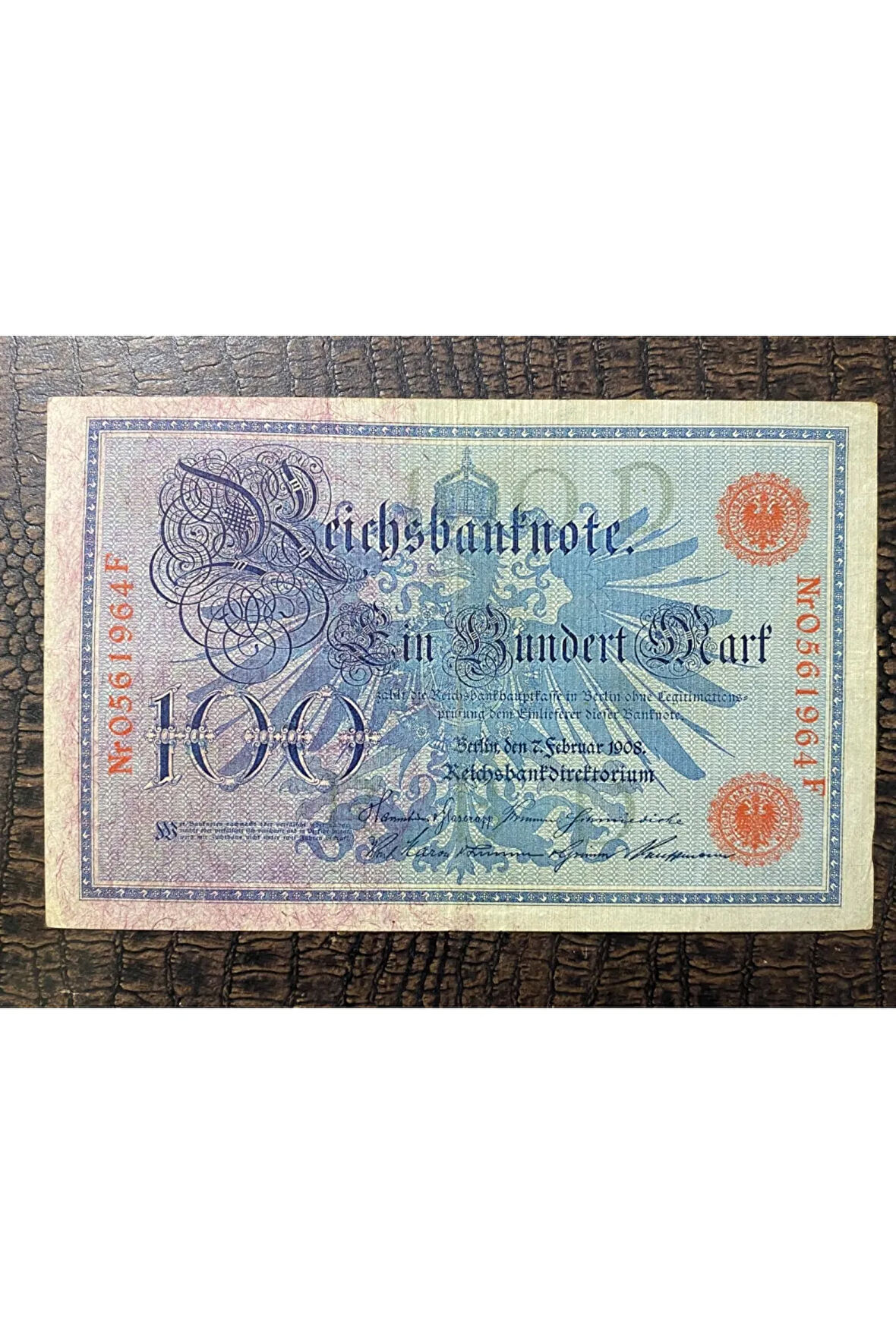 Almanya İmparatorluğu Weimarer Republik, Reichsbank, 100 Mark 1908 ÇOK TEMİZ - ÇT (Very Fine VF)