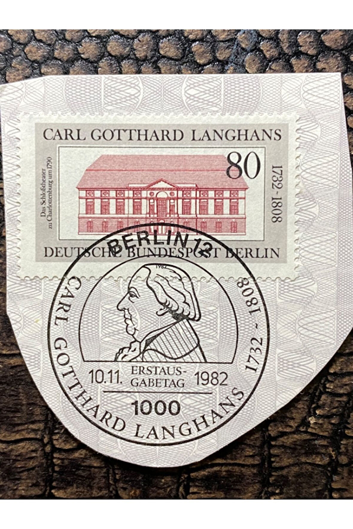 Almanya İlkgün Özel Damgalı Fragman Pul Carl Gotthard Langhans 1982 Berlin