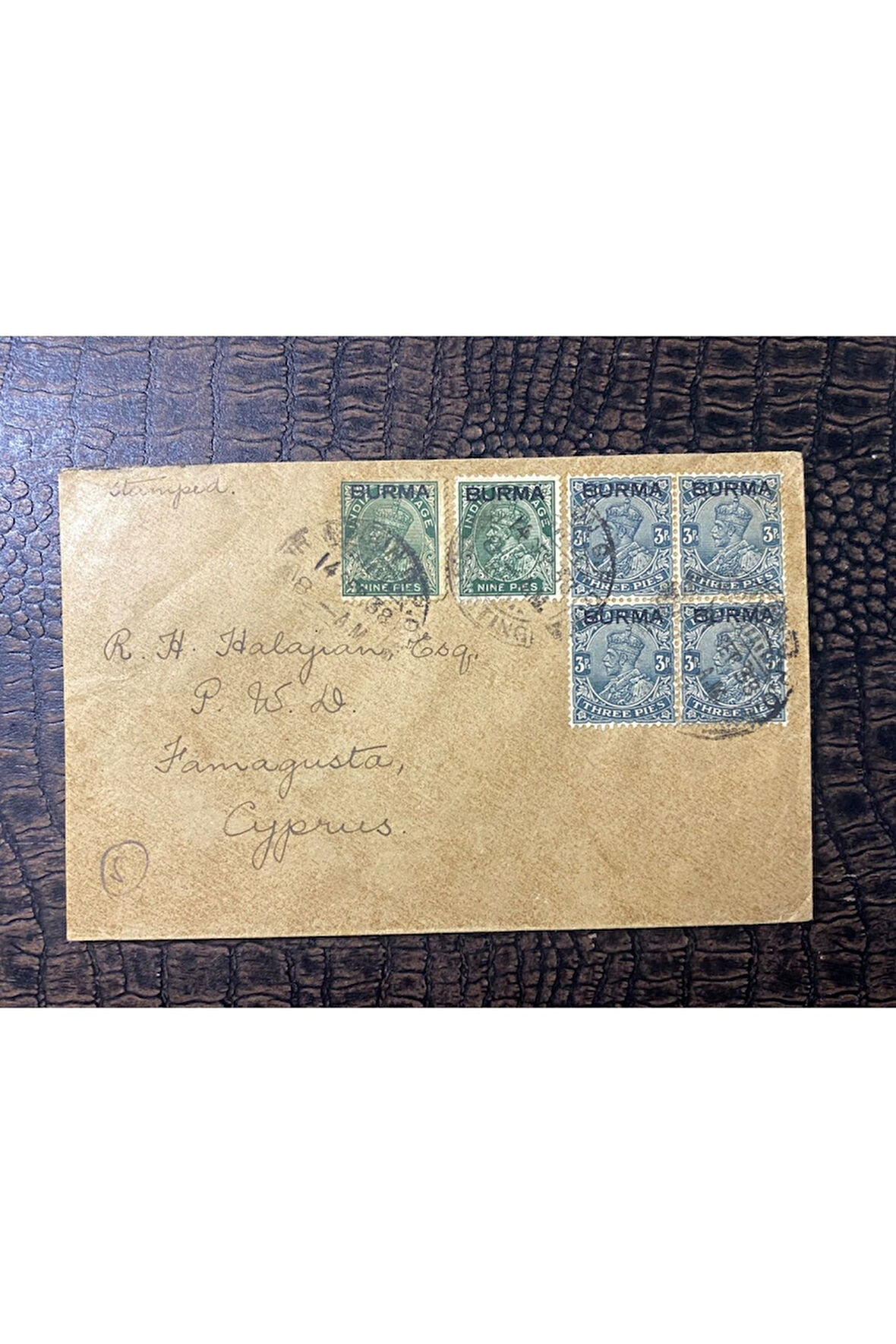 1938 Damgalı Hindistan'dan Kıbrısa Gönderilmiş Zarf Famagusta ve Limasol varış Damgalı BURMA Sürşar