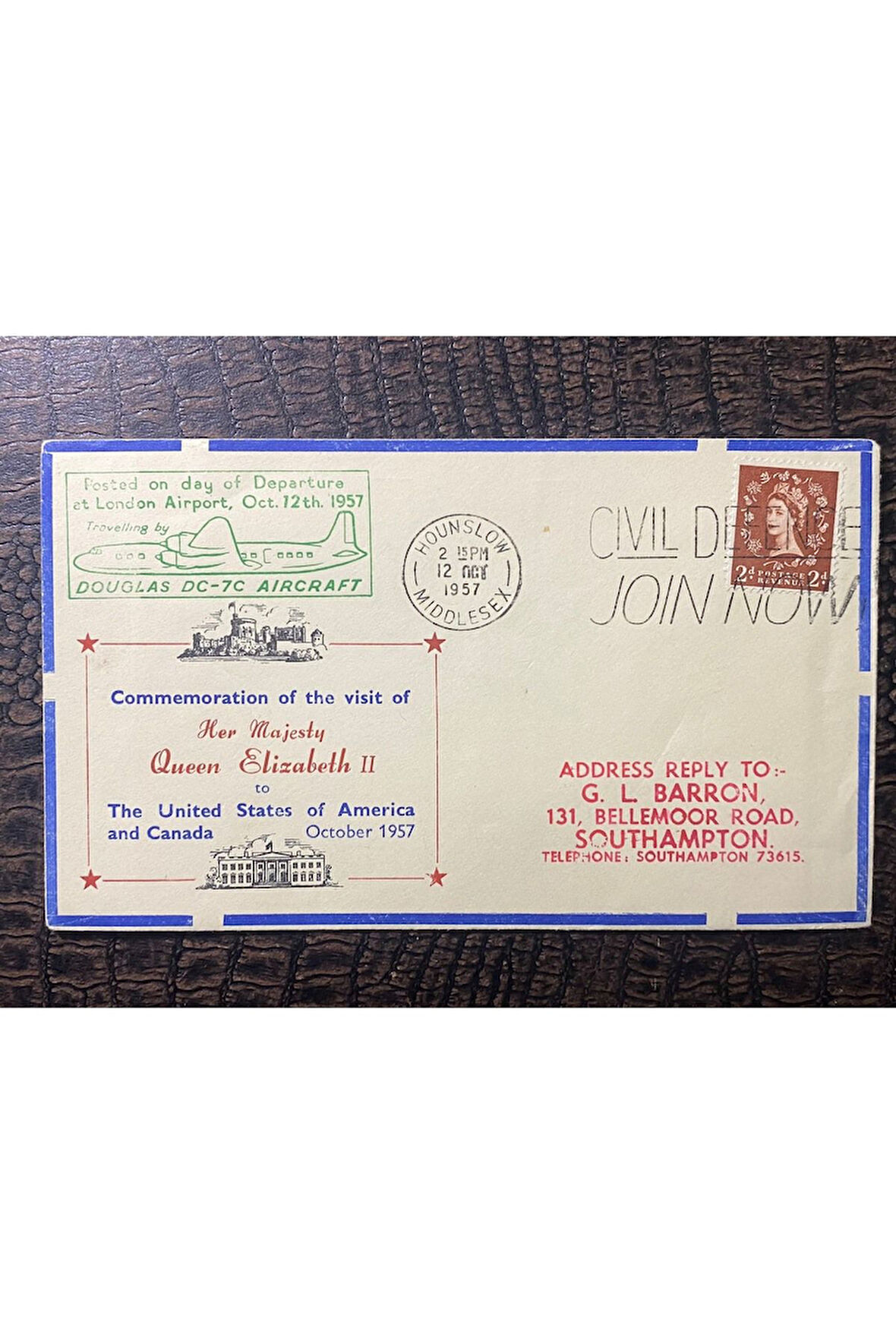 İngiltere Kraliçe Elisabeth II AMERİKA VE KANADA ZİYARETİ İLK GÜN ZARFI 1957 FDC GB QEII USA/CANAD