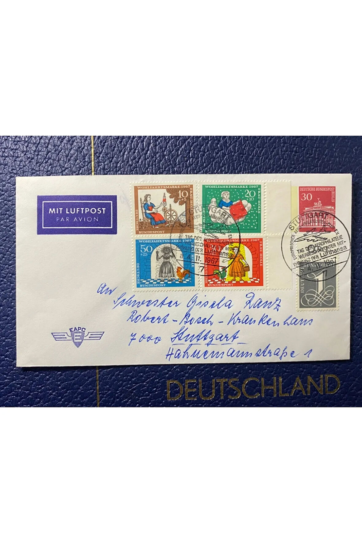 1967 UÇAK POSTASI ALMANYA ÖZEL AVRUPA AEROPHİLATELİE DAMGALI İLK GÜN ZARFI REFAH PULLARI ERSTAUSGA