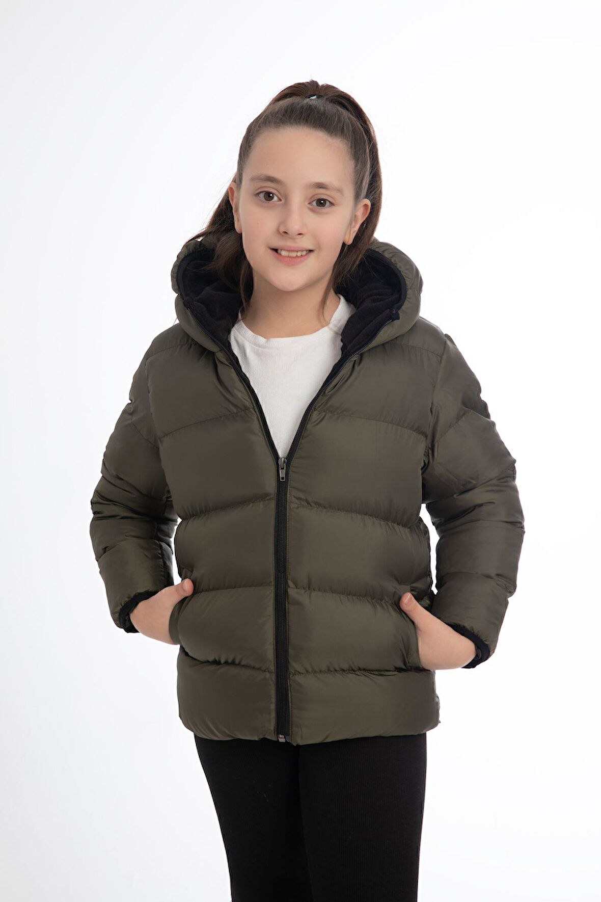 Kız Çocuk Polarlı Kürklü Kapüşonlu Su Geçirmez Rüzgara Dayanıklı Cepli Şişme Kışlık Mont