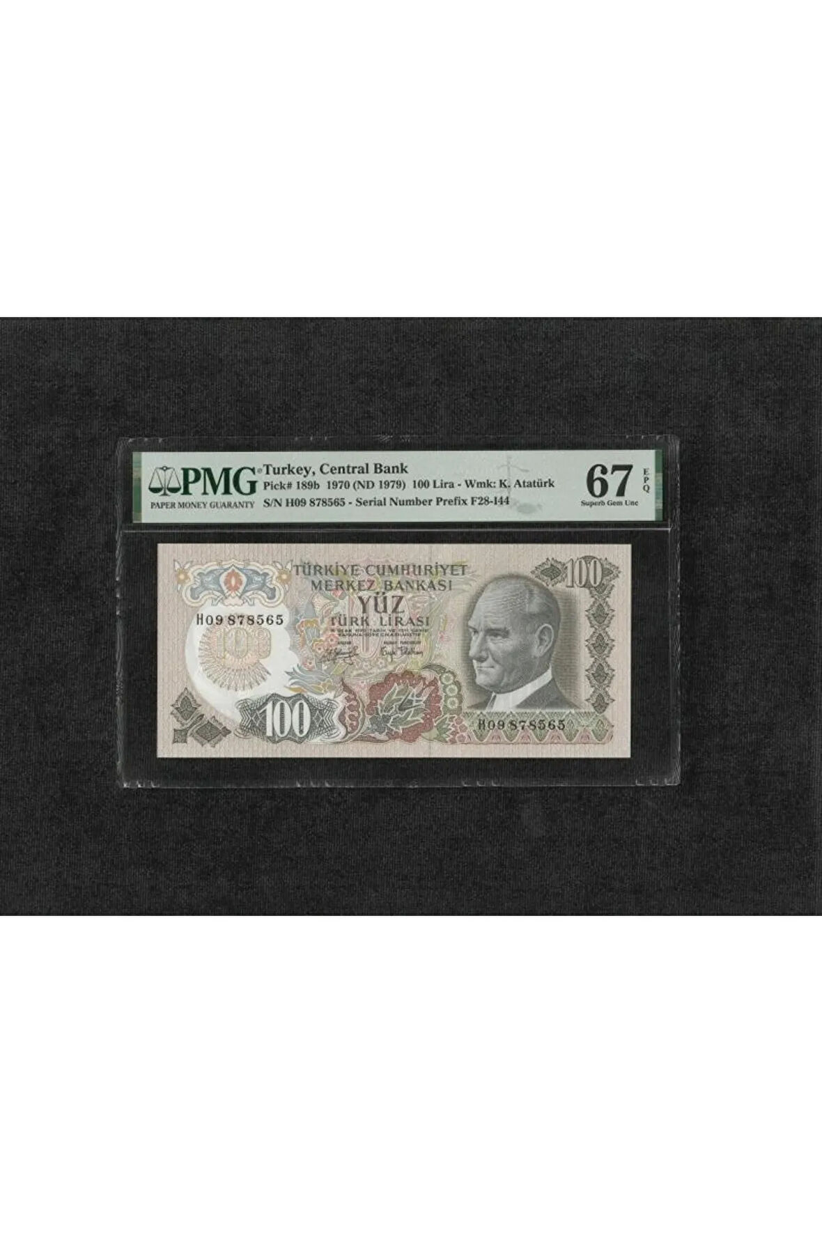 Türk Lirası PMG 67 EPQ SUPERB GEM UNC 100 Lira P 189b 1970 (ND 1979) S/N H09 6. Emisyon 1. TertipTü