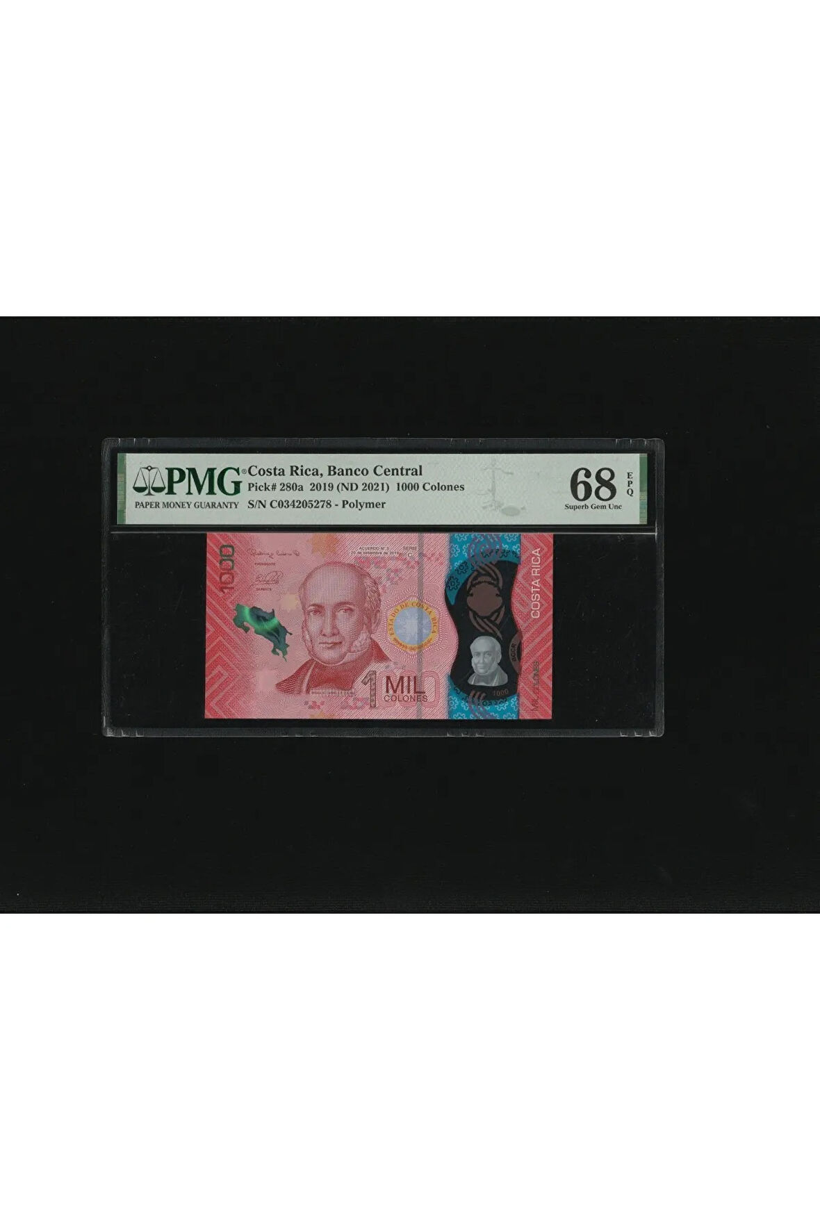 Costa Rica 1000 Colones Polymer P 280a 2019 ND 2021 PMG 68 EPQ SUPER GEM UNC ÇİL SN C034205278