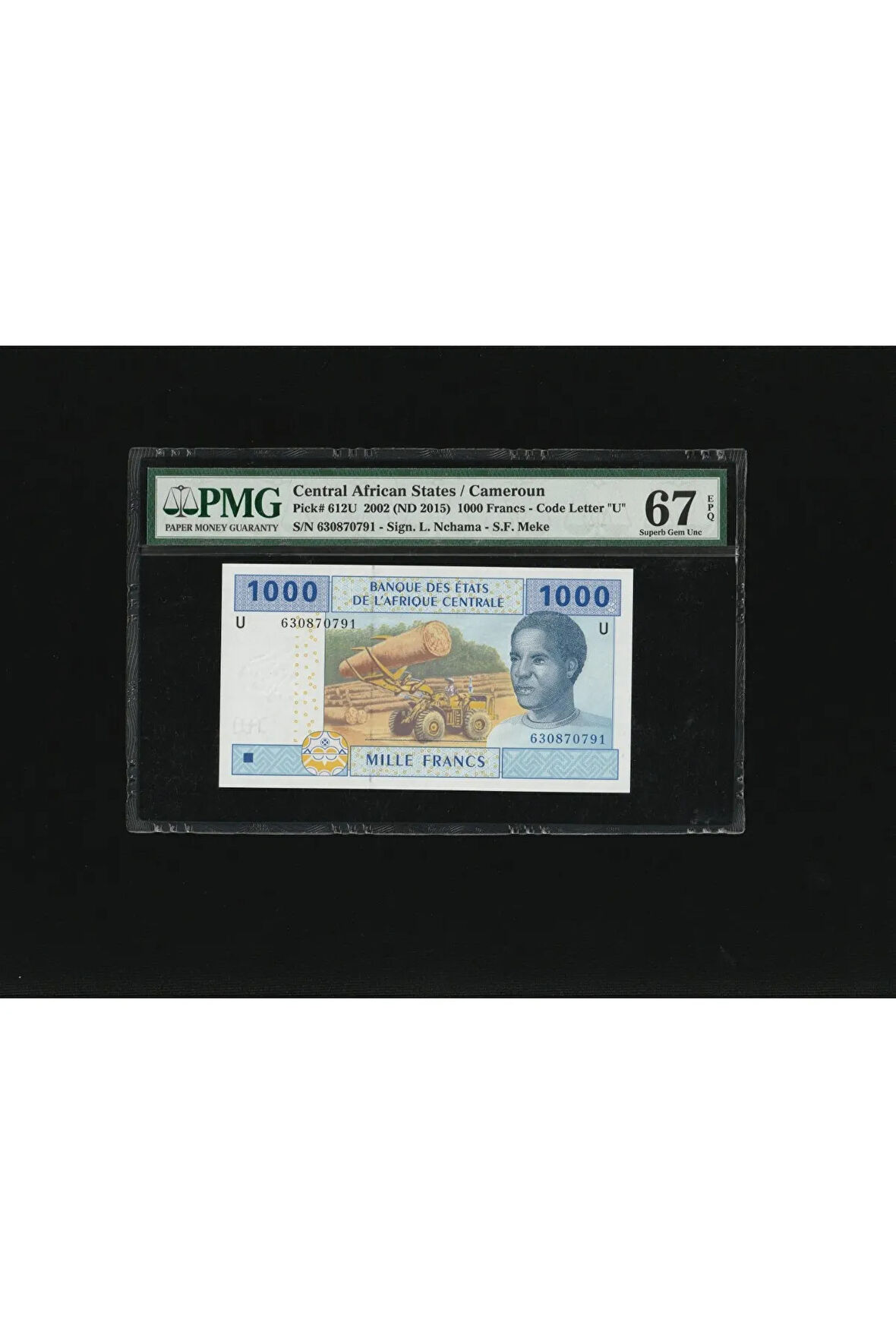 Kamerun Cameroun 1000 Francs PMG 67 EPQ SUPERB GEM UNC P612U 2002 (ND 2015) S/N 630870791